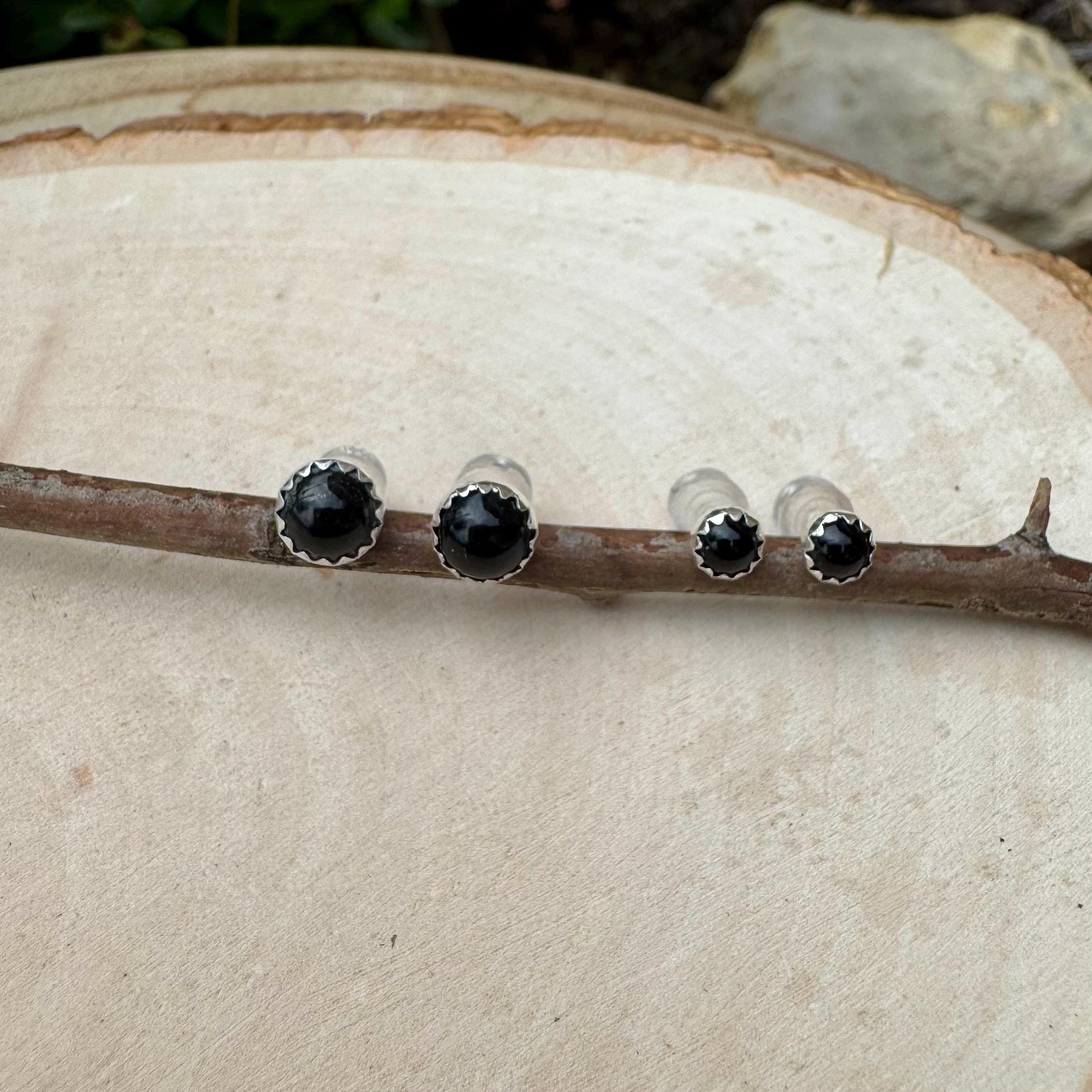 Handcrafted Serrated Bezel Black Onyx Earrings: 4mm/6mm Gemstone