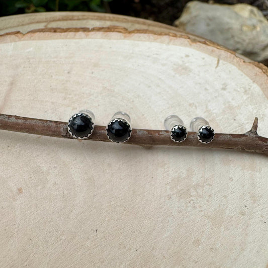 Handcrafted Serrated Bezel Black Onyx Earrings: 4mm/6mm Gemstone