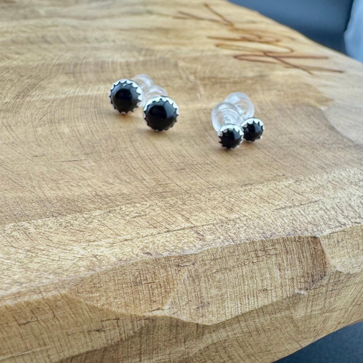 Handcrafted Serrated Bezel Black Onyx Earrings: 4mm/6mm Gemstone