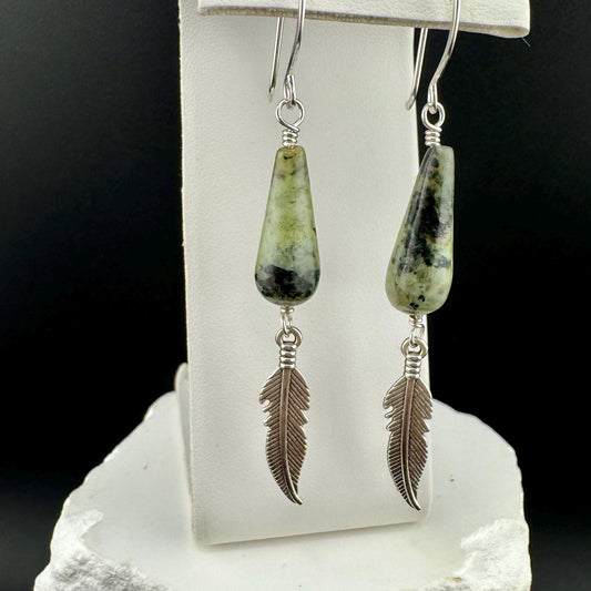 African Turquoise Gemstone Feather Dangle Earrings in Sterling Silver