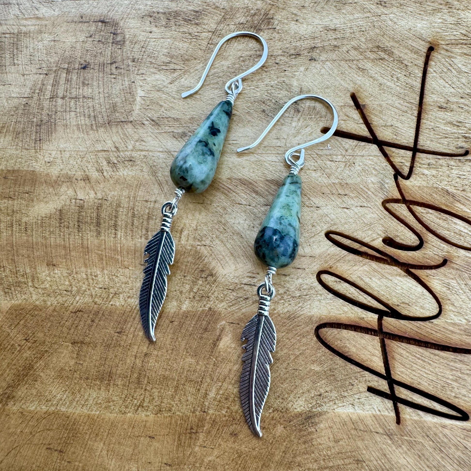 African Turquoise Gemstone Feather Dangle Earrings in Sterling Silver