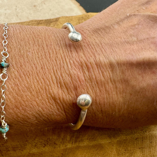 Handmade Sterling Silver Ball End Cuff Bracelet - Adjustable Style