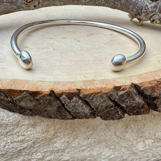 Handmade Sterling Silver Ball End Cuff Bracelet - Adjustable Style