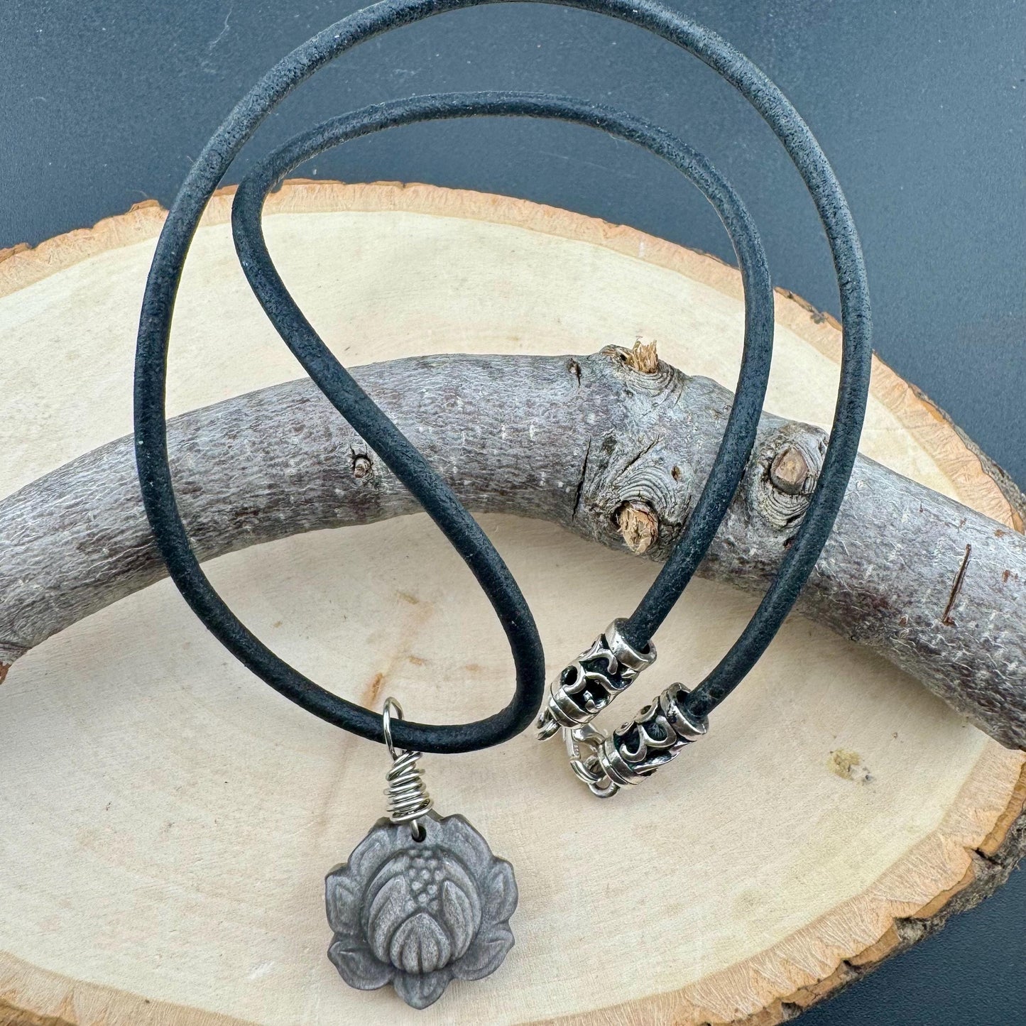 Hand Carved Silver Obsidian Lotus Pendant Leather Necklace - Artisan Jewelry