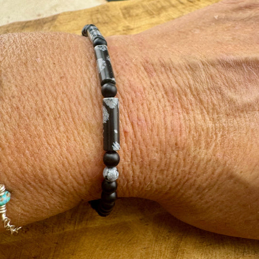 Natural Gemstone Snowflake Obsidian and Onyx Bracelet - Stretch Design