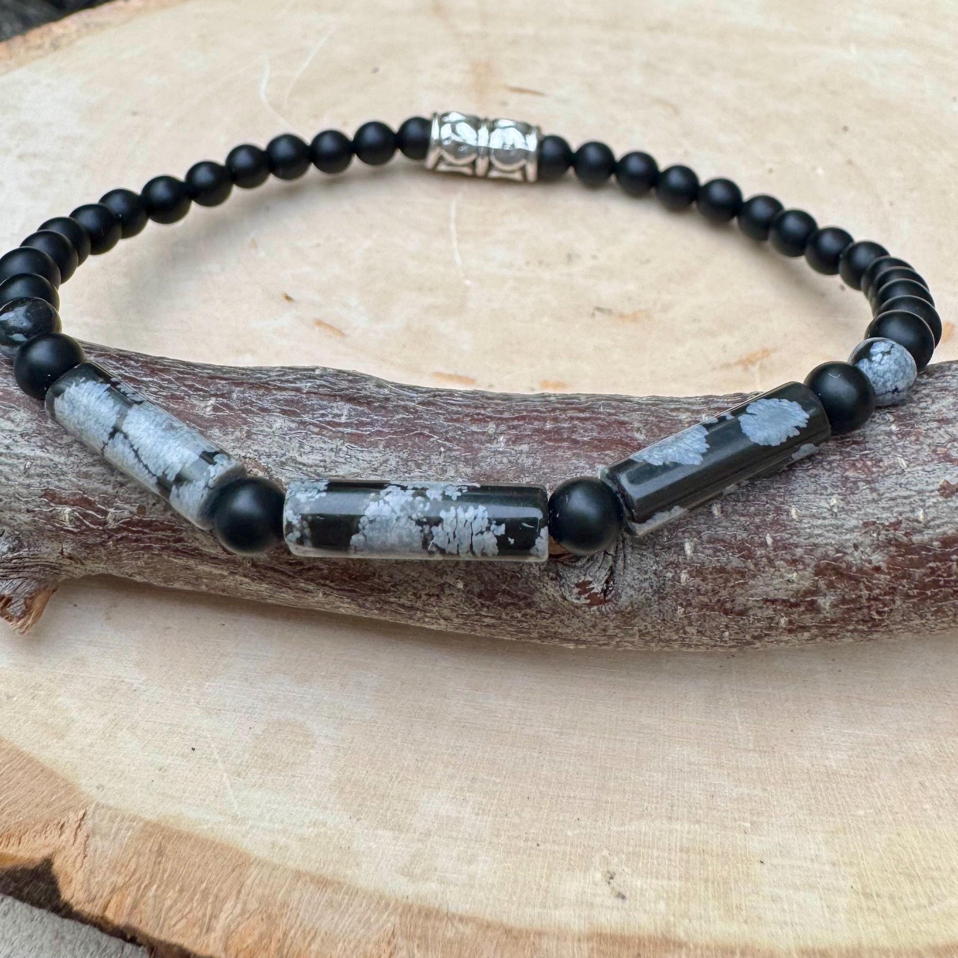 Natural Gemstone Snowflake Obsidian and Onyx Bracelet - Stretch Design