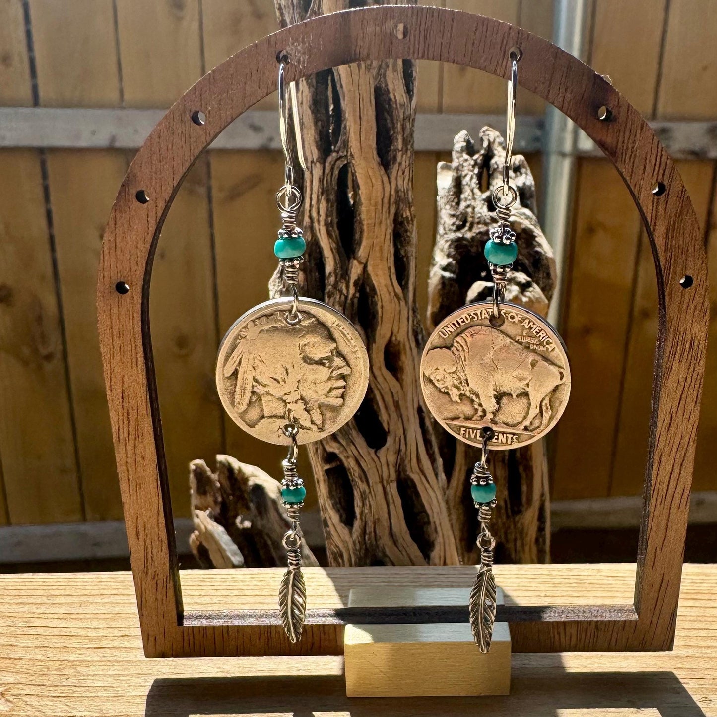 Southwest Sterling Silver Feather Drop Earrings with Turquoise & Buffalo Nickel