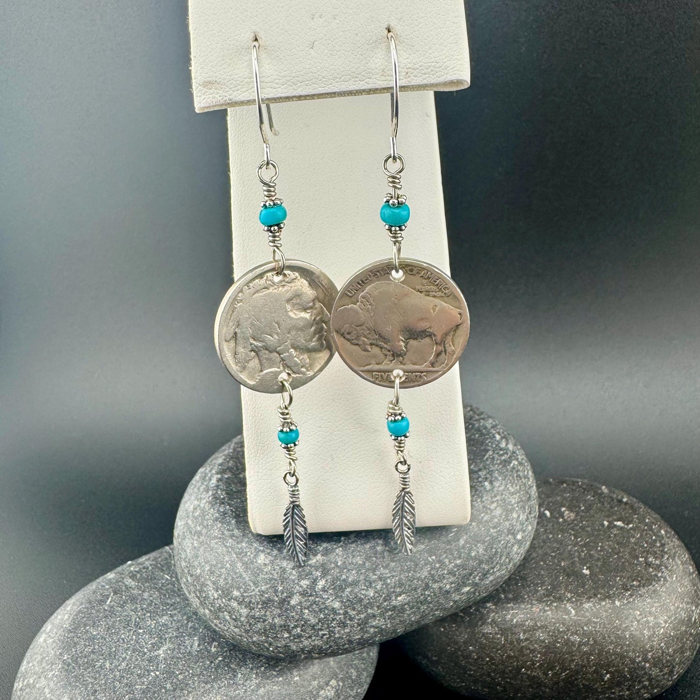 Southwest Sterling Silver Feather Drop Earrings with Turquoise & Buffalo Nickel