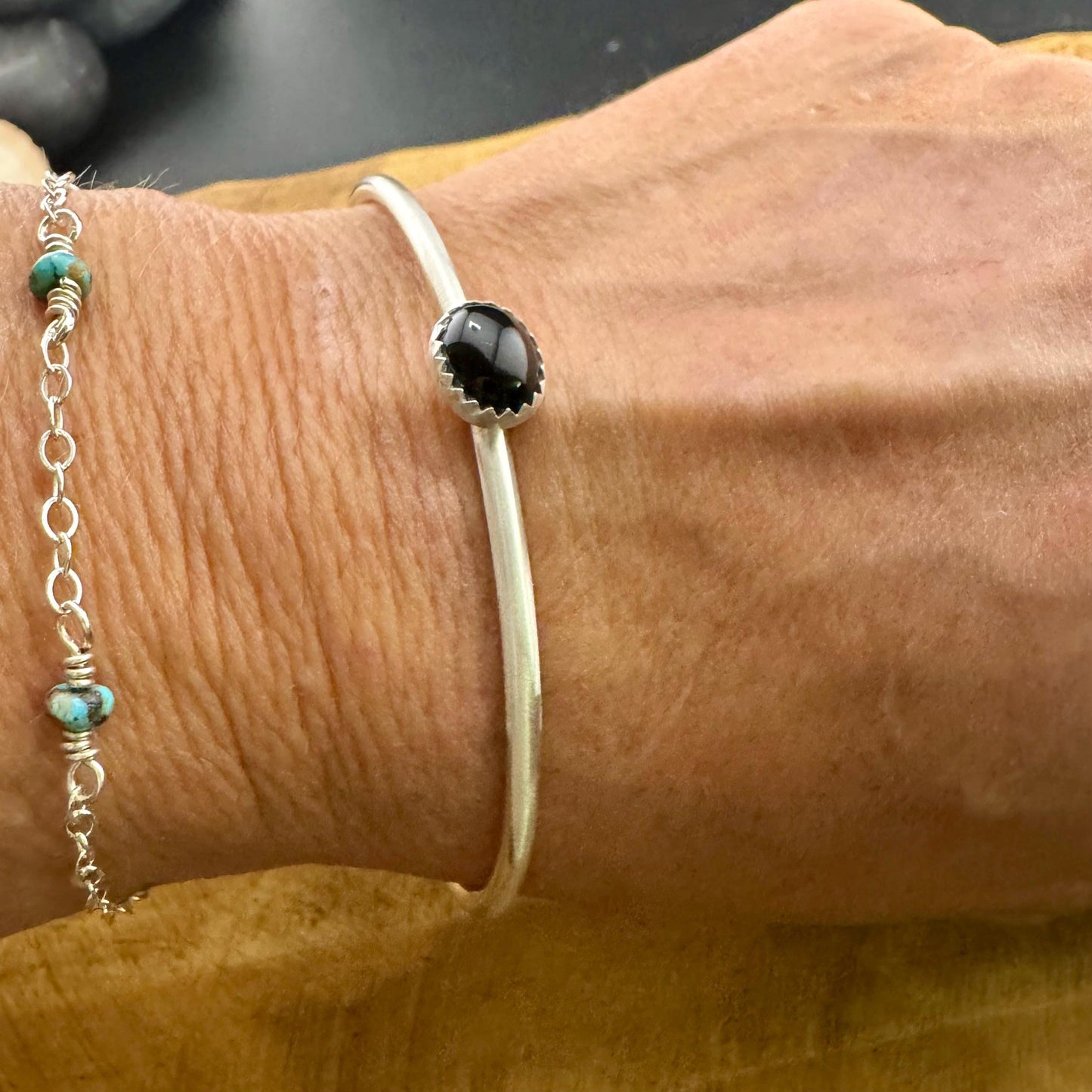 Onyx Bezel Cuff Bracelet - Handcrafted Adjustable Sterling Silver Jewelry