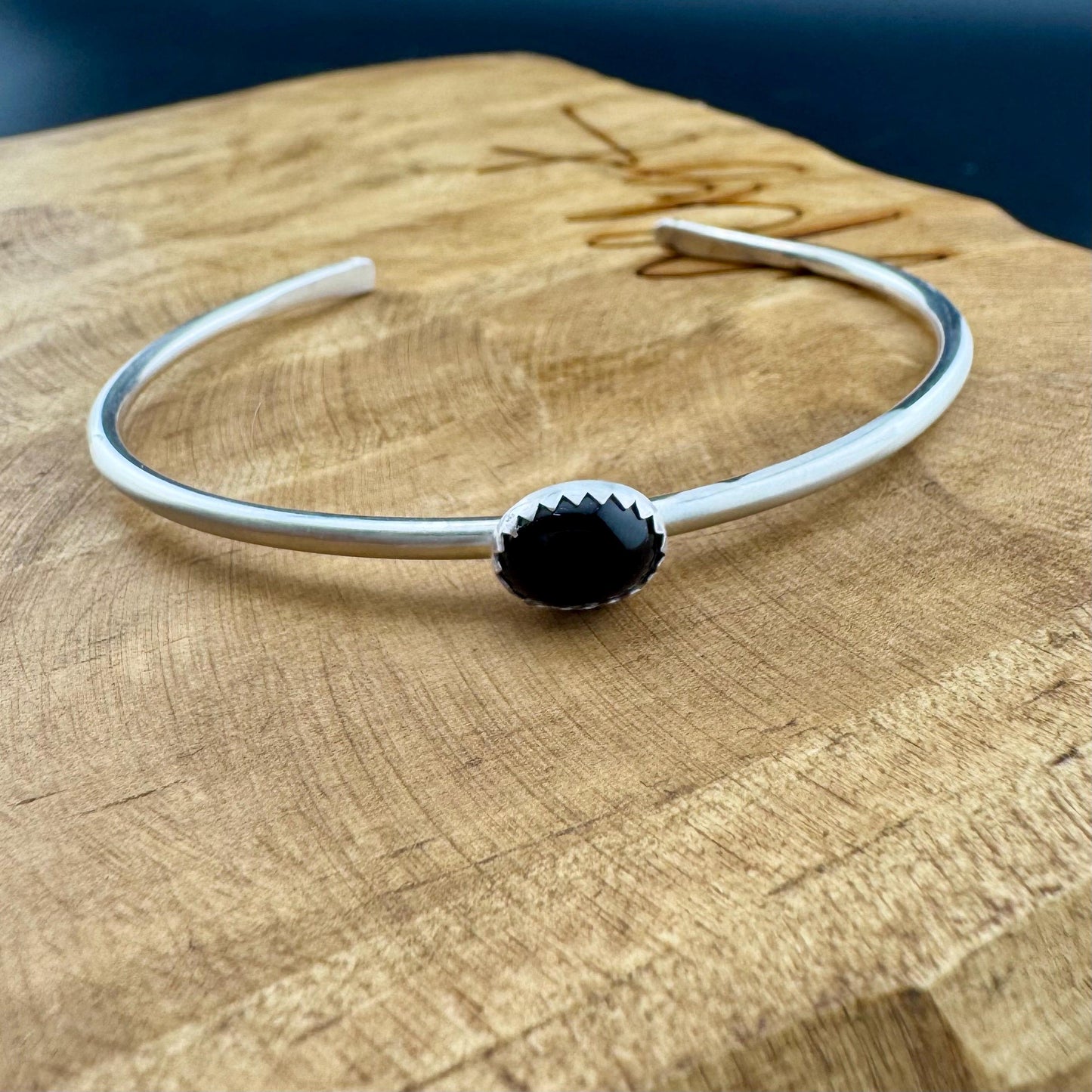 Onyx Bezel Cuff Bracelet - Handcrafted Adjustable Sterling Silver Jewelry