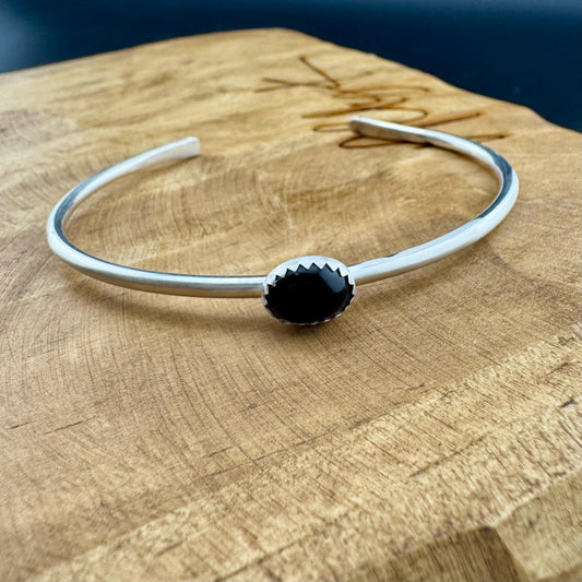 Onyx Bezel Cuff Bracelet - Handcrafted Adjustable Sterling Silver Jewelry