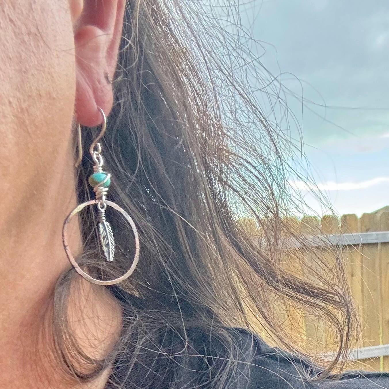 Kingman Turquoise Earrings with Feather Dangle - Copper and Sterling Silver Handcrafted Earrings