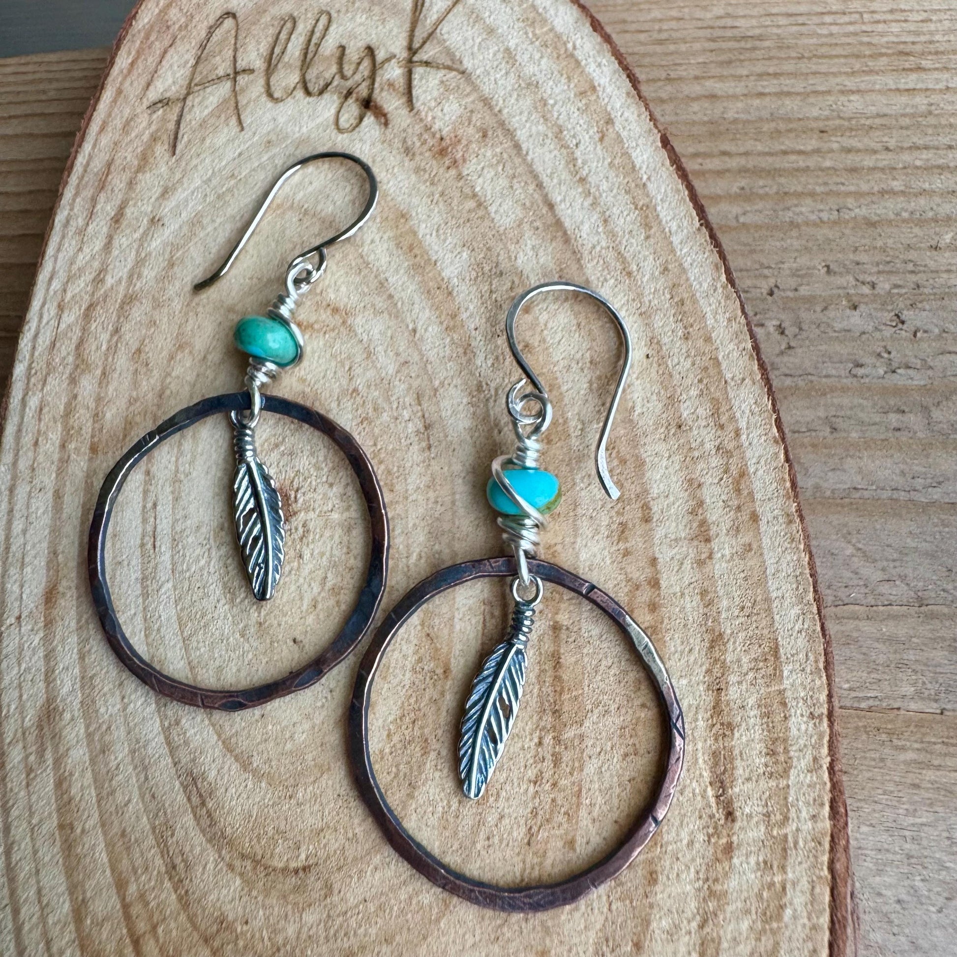 Kingman Turquoise Earrings with Feather Dangle - Copper and Sterling Silver Handcrafted Earrings