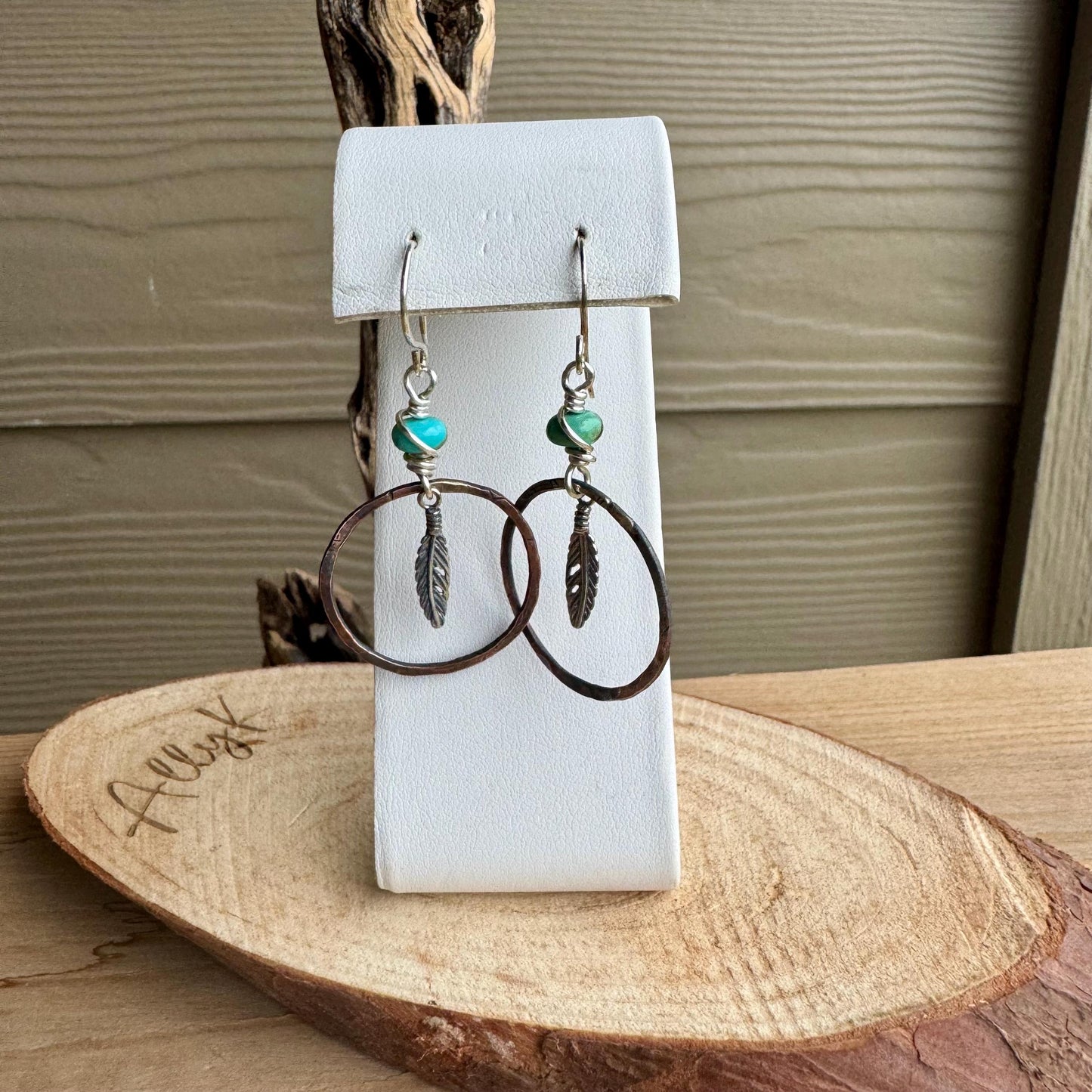 Kingman Turquoise Earrings with Feather Dangle - Copper and Sterling Silver Handcrafted Earrings