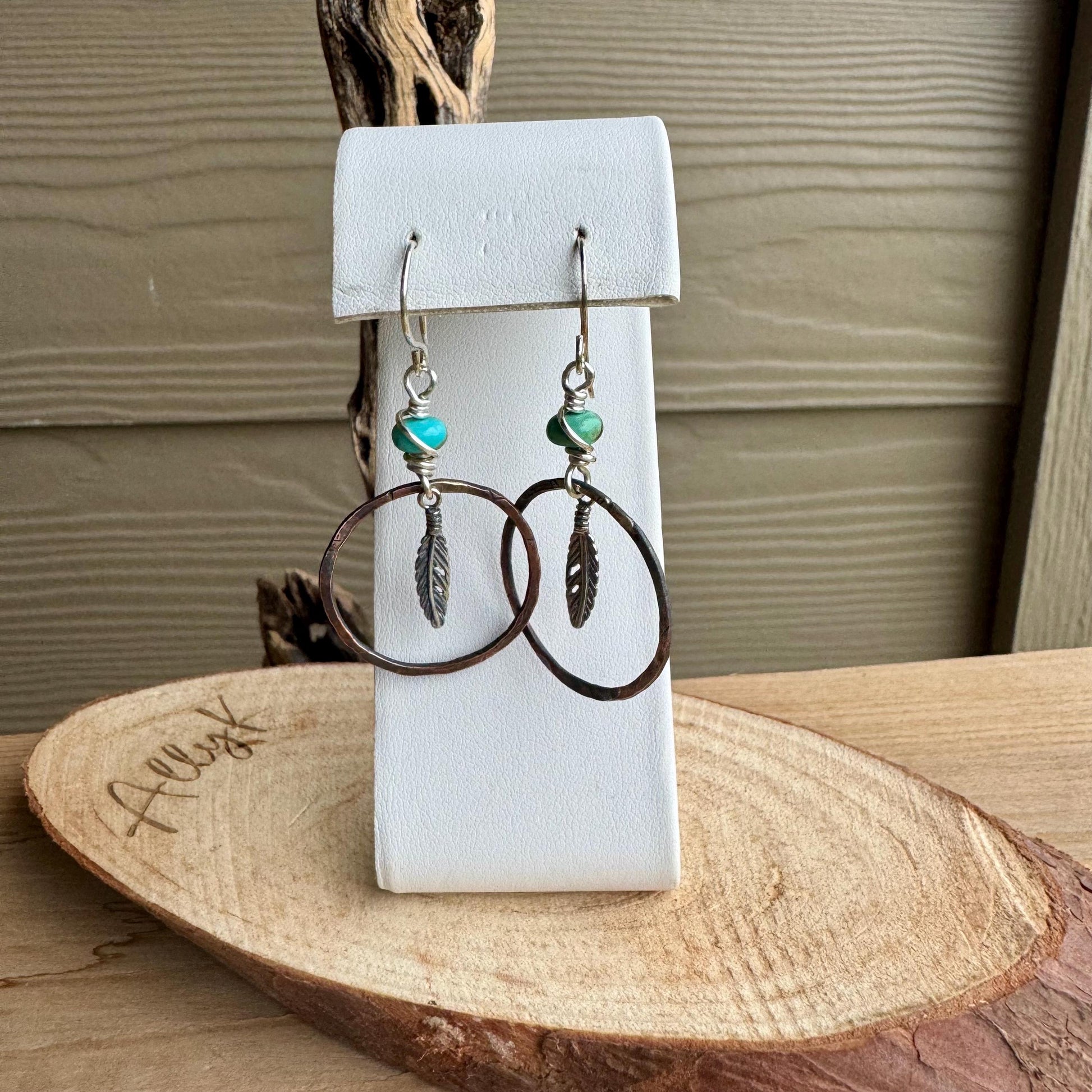 Kingman Turquoise Earrings with Feather Dangle - Copper and Sterling Silver Handcrafted Earrings