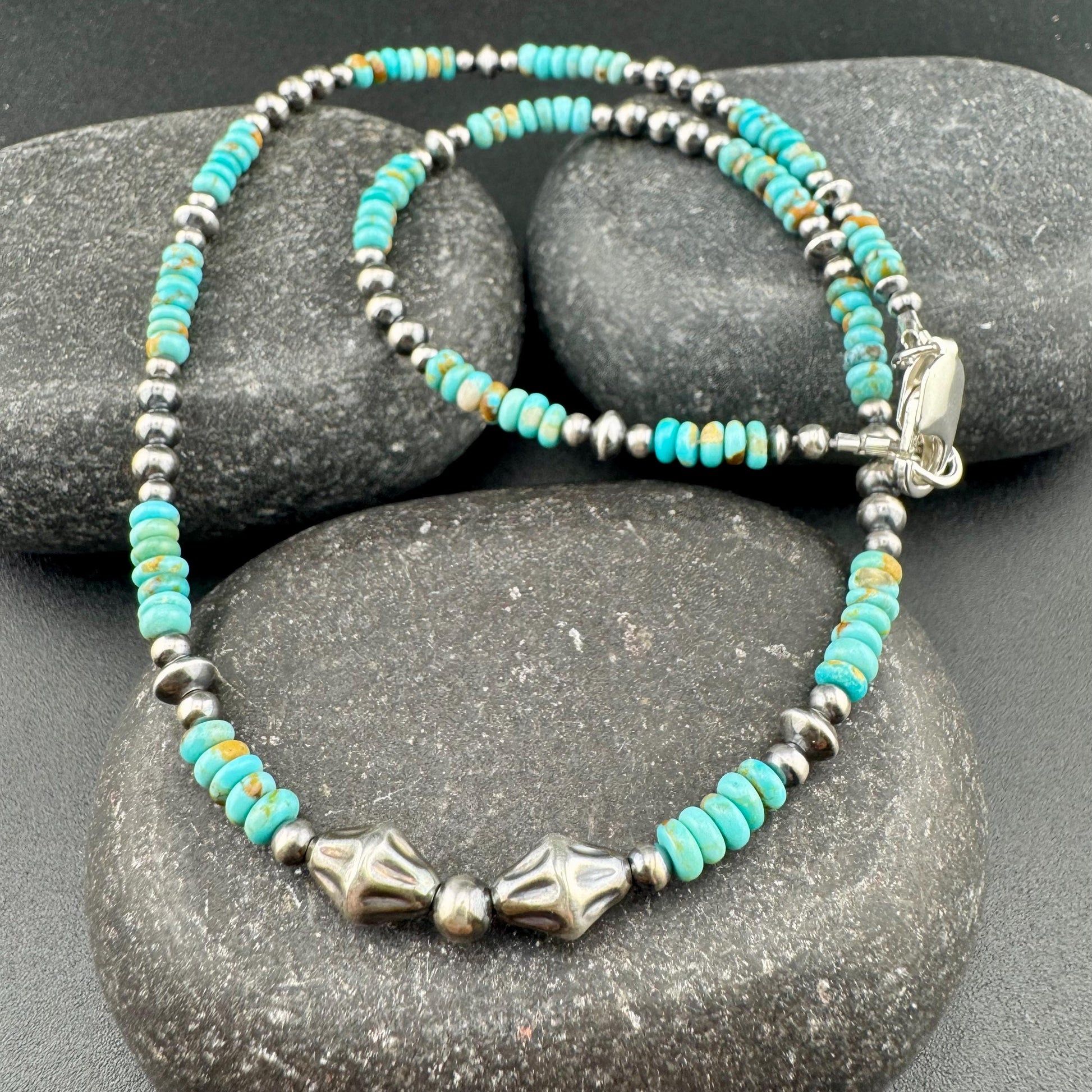 Kingman Turquoise Navajo Pearl Choker - Sterling Silver Gemstone Necklace