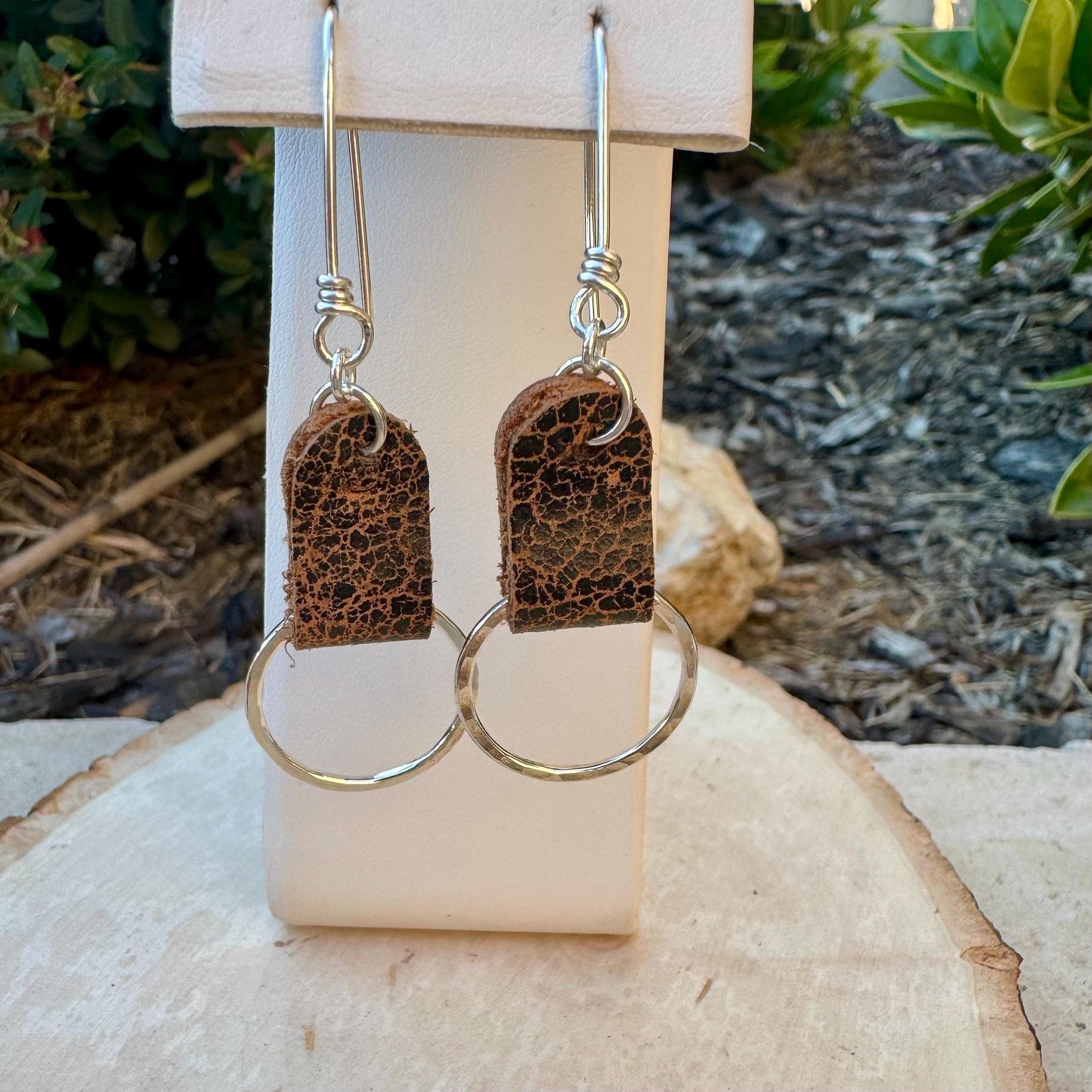 Chic Leather Earrings on Hammered Silver Circle - Handcrafted Leather Statement Jewelry