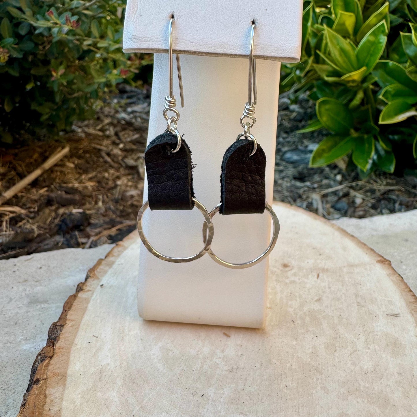 Chic Leather Earrings on Hammered Silver Circle - Handcrafted Leather Statement Jewelry