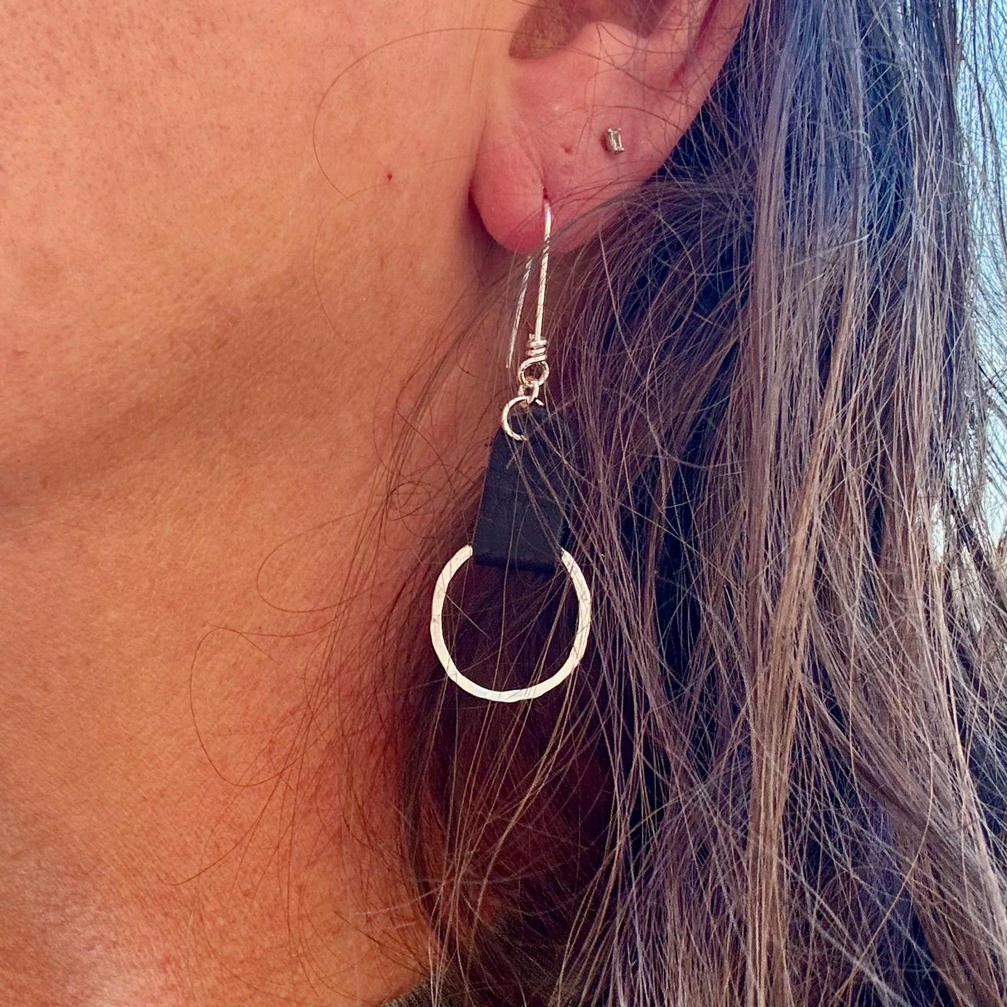 Chic Leather Earrings on Hammered Silver Circle - Handcrafted Leather Statement Jewelry