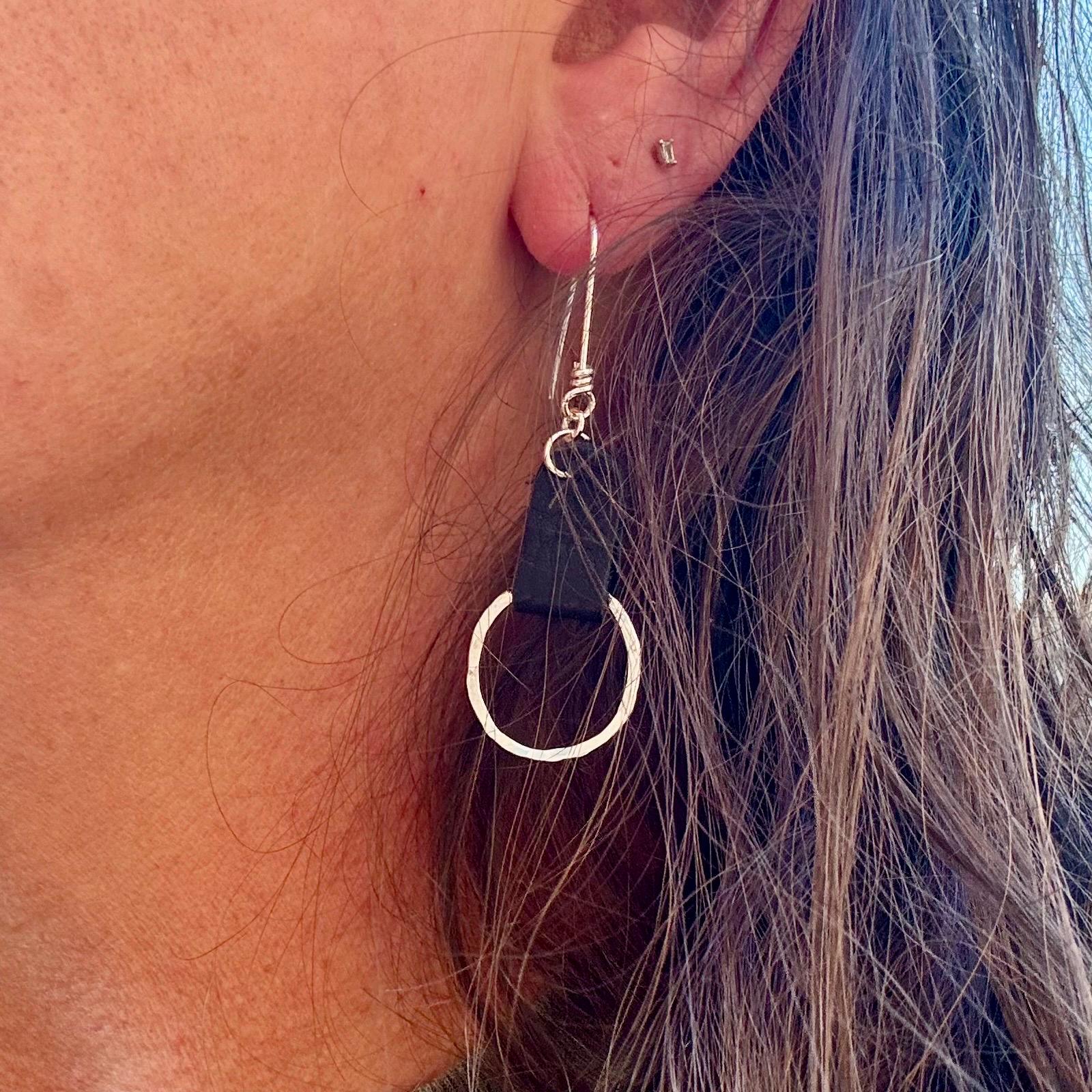 Chic Leather Earrings on Hammered Silver Circle - Handcrafted Leather Statement Jewelry
