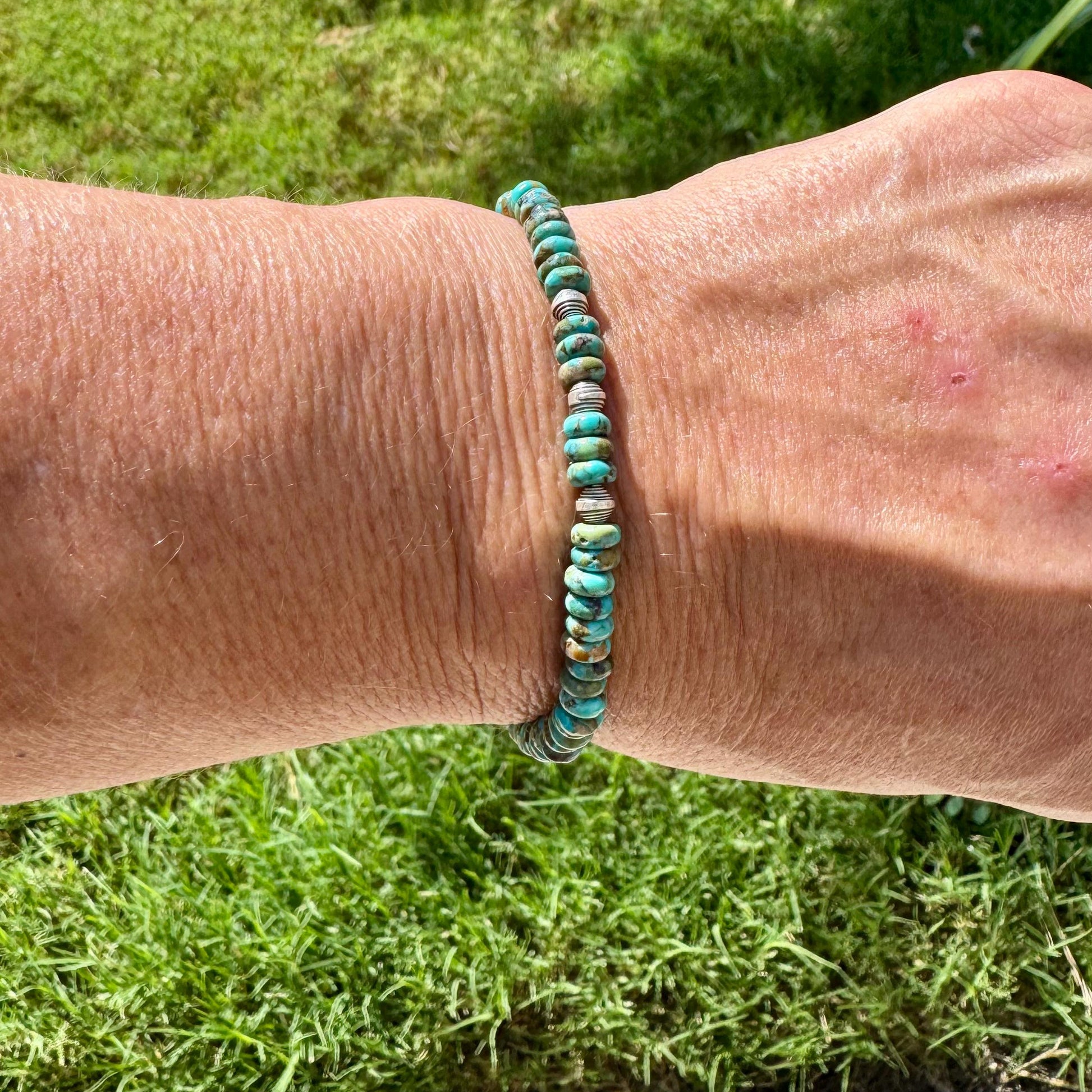 Turquoise Beaded Stretch Bracelet | Sterling Silver Gemstone Jewelry