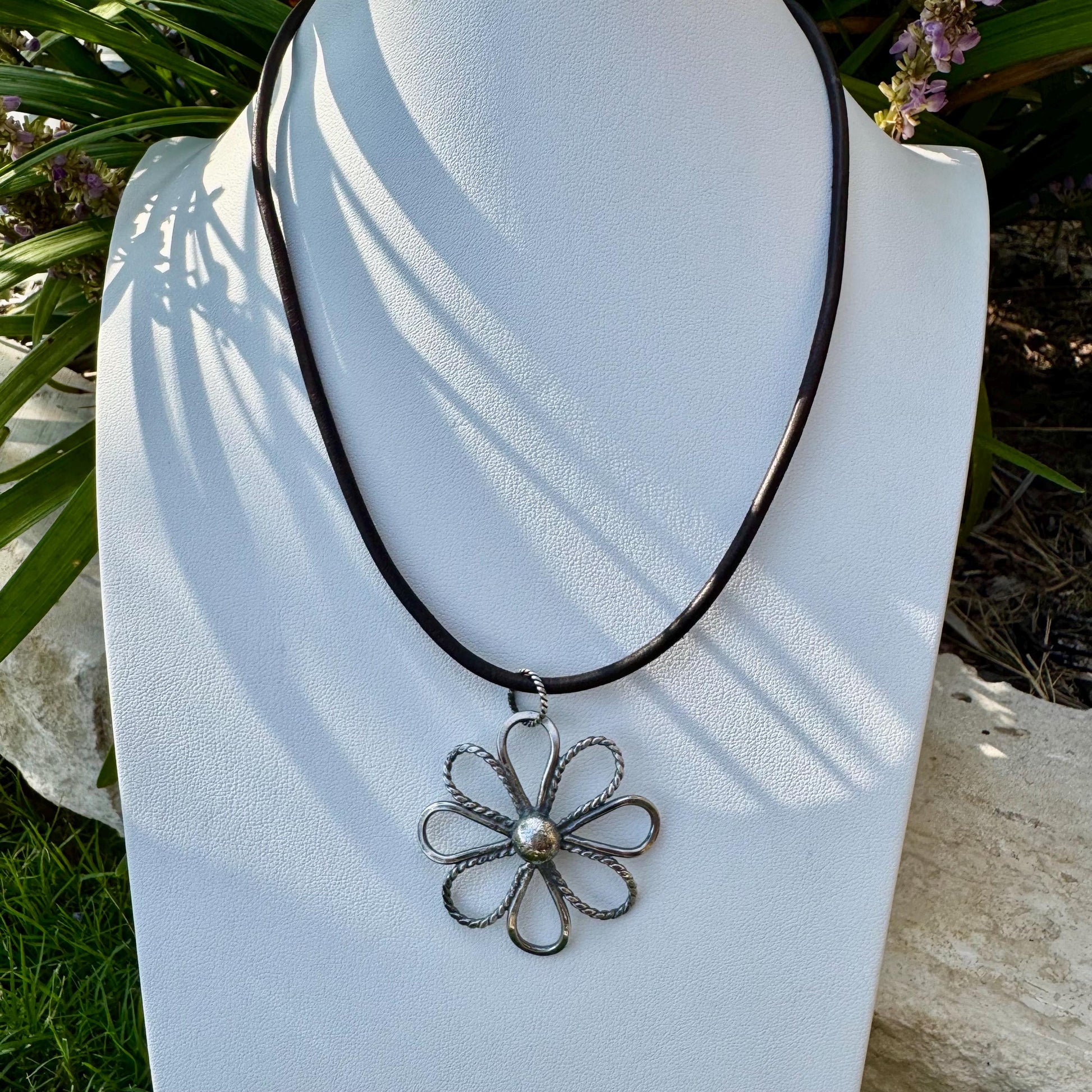 Handmade Sterling Silver Flower Pendant on Genuine Leather Necklace