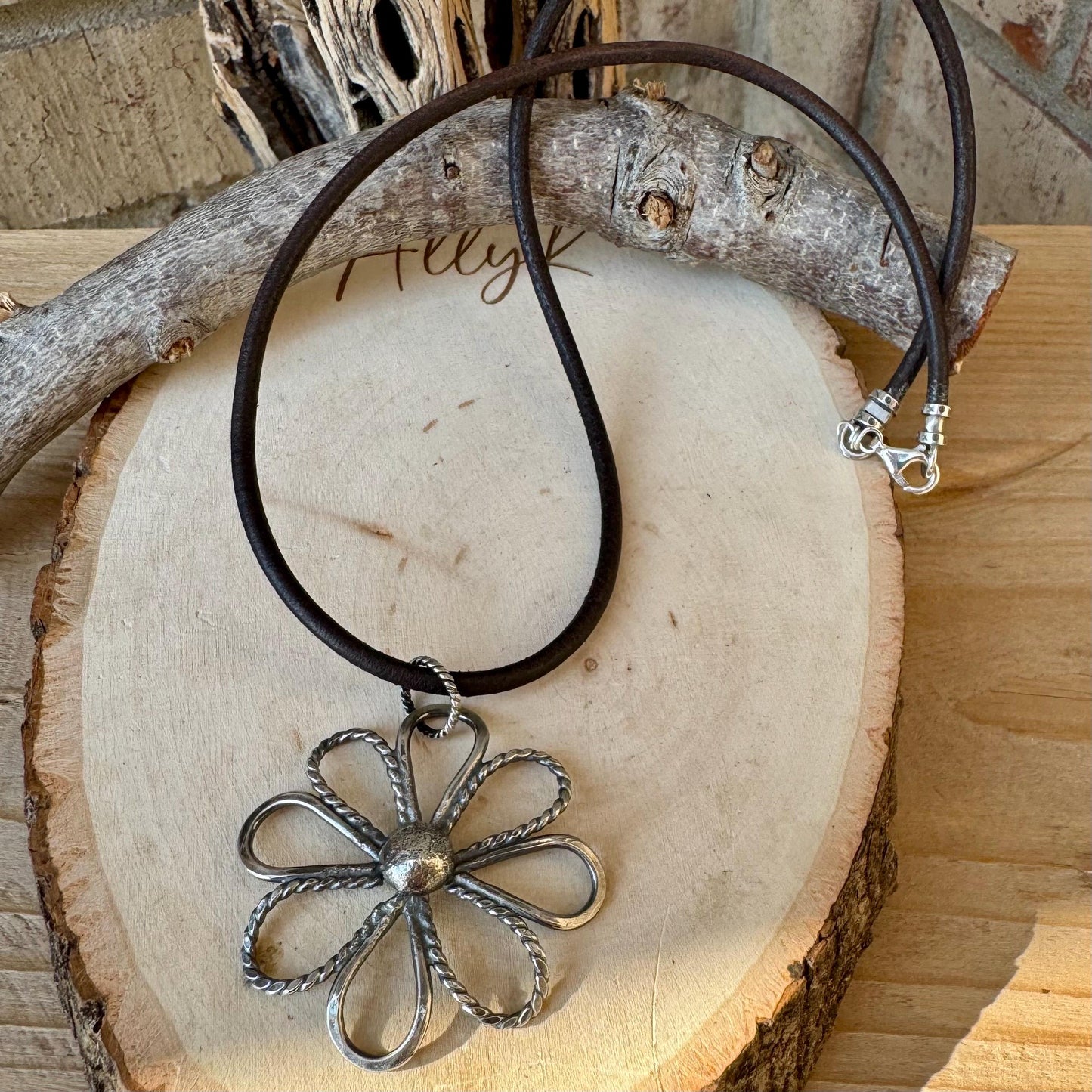 Handmade Sterling Silver Flower Pendant on Genuine Leather Necklace