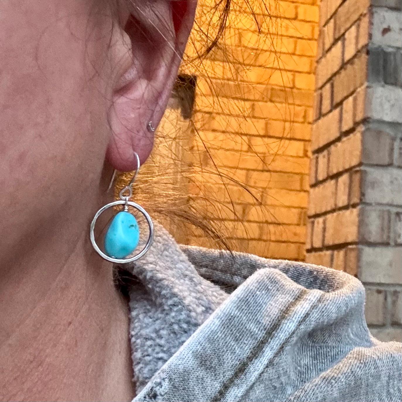 Raw Turquoise Pebble Nugget Earrings on Sterling Silver Circles