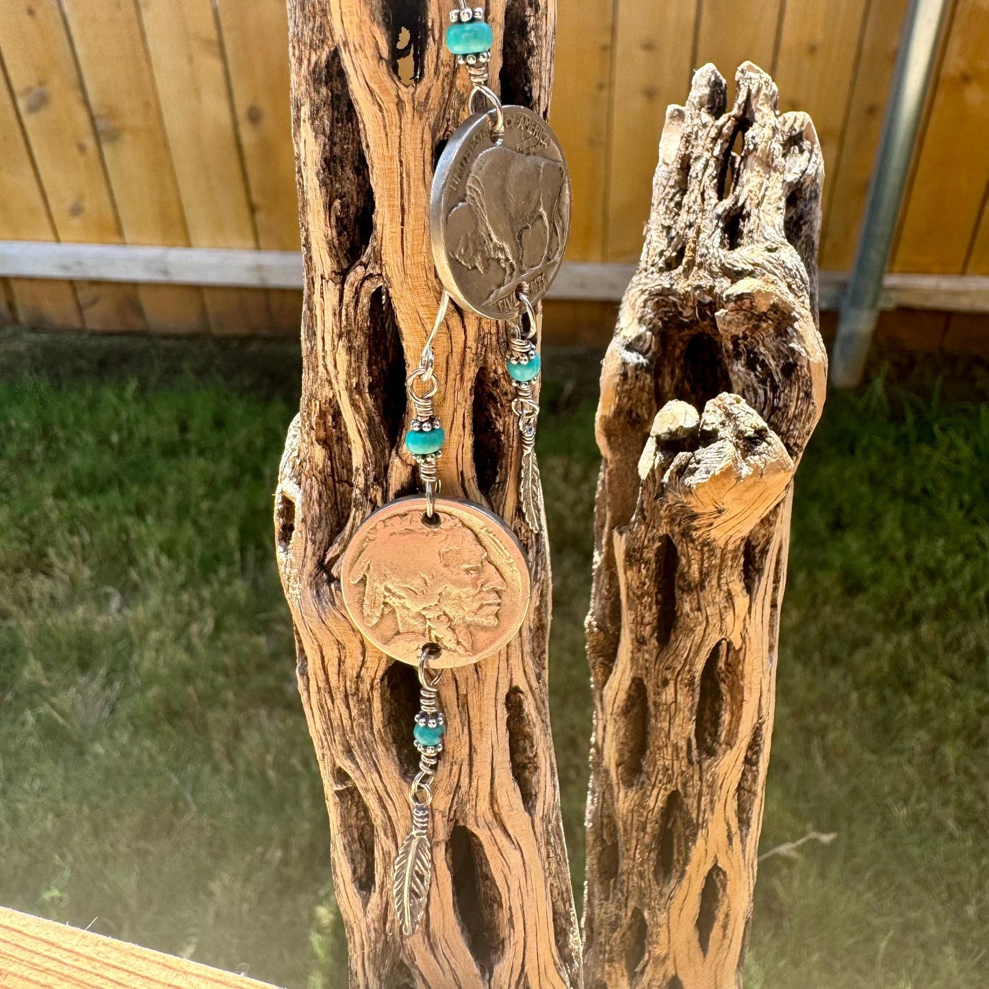 Southwest Sterling Silver Feather Drop Earrings with Turquoise & Buffalo Nickel