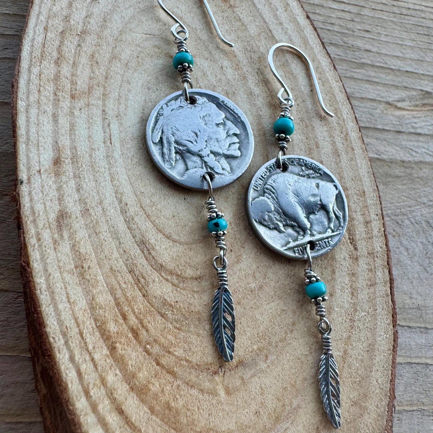 Southwest Sterling Silver Feather Drop Earrings with Turquoise & Buffalo Nickel
