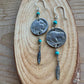 Southwest Sterling Silver Feather Drop Earrings with Turquoise & Buffalo Nickel
