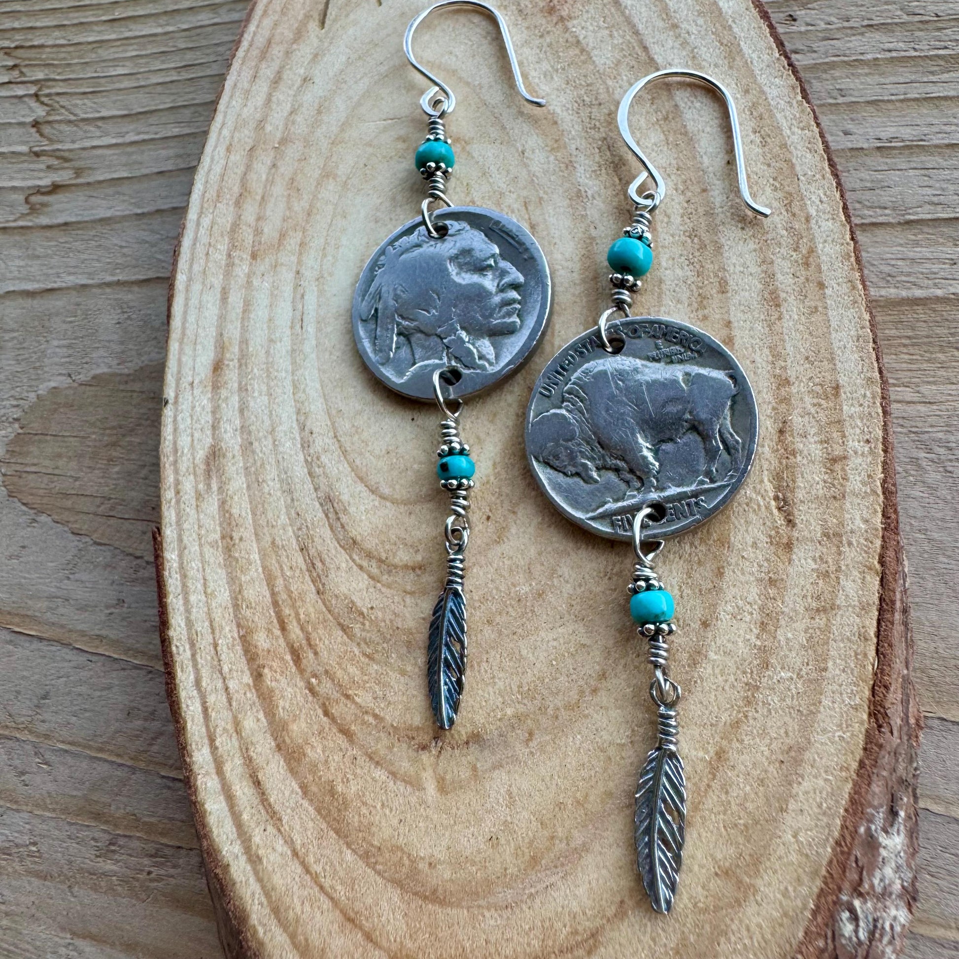 Southwest Sterling Silver Feather Drop Earrings with Turquoise & Buffalo Nickel