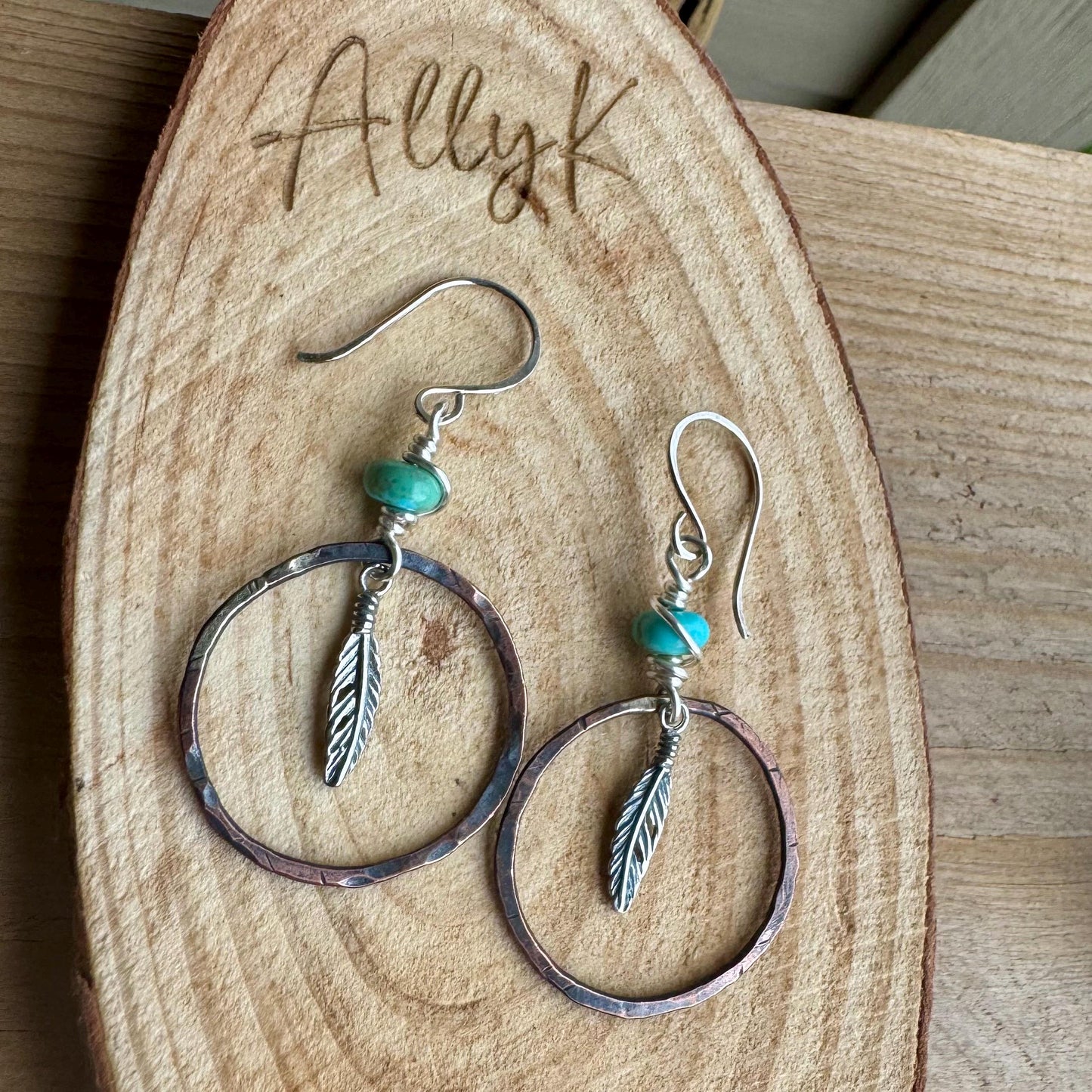 Kingman Turquoise Earrings with Feather Dangle - Copper and Sterling Silver Handcrafted Earrings