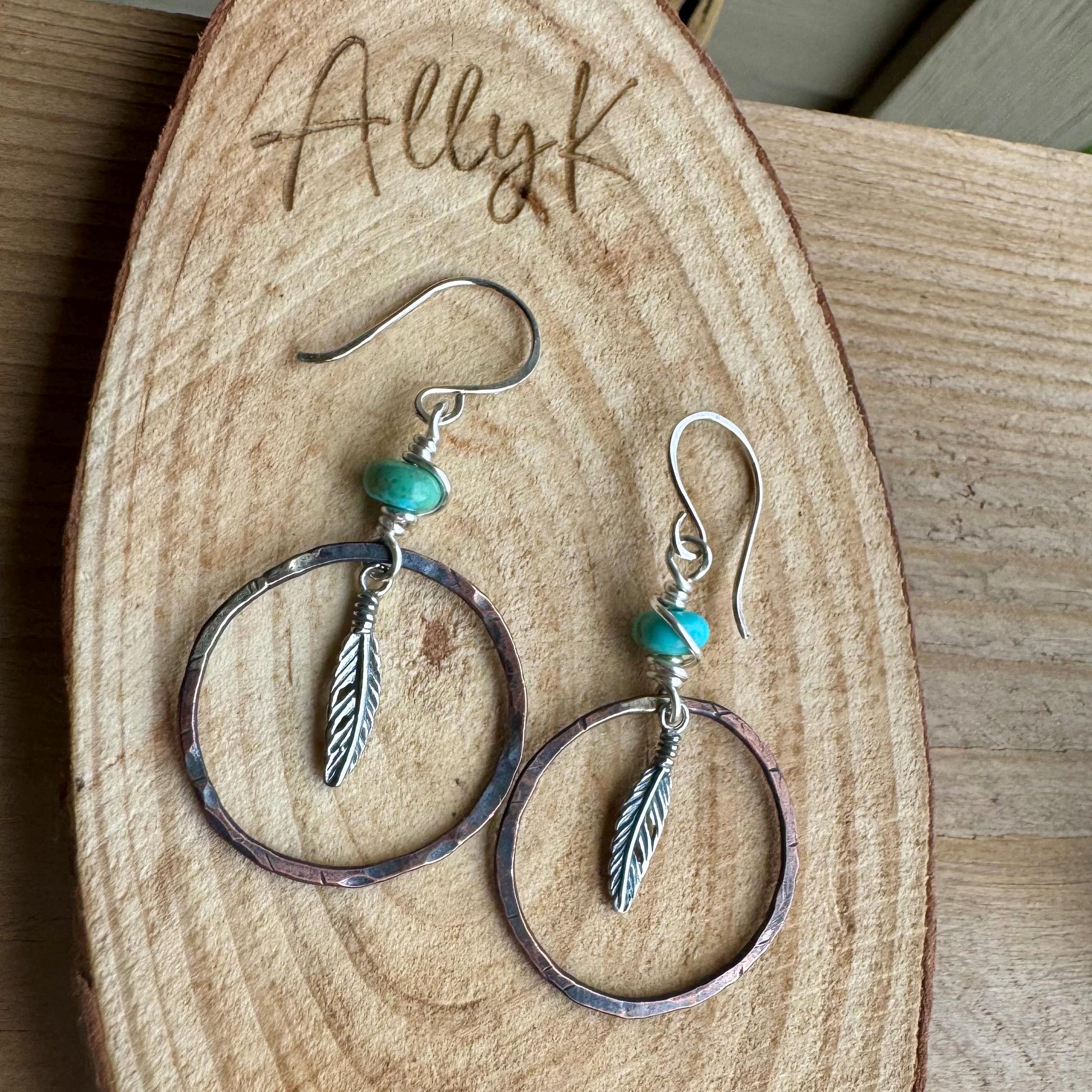 Kingman Turquoise Earrings with Feather Dangle - Copper and Sterling Silver Handcrafted Earrings