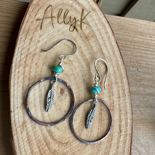 Kingman Turquoise Earrings with Feather Dangle - Copper and Sterling Silver Handcrafted Earrings