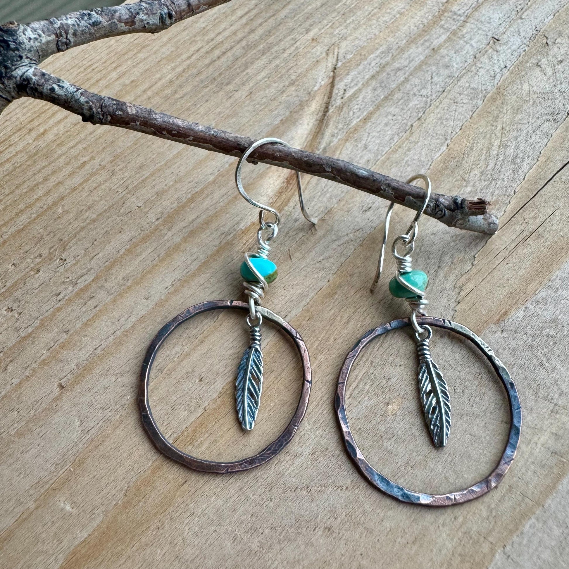 Kingman Turquoise Earrings with Feather Dangle - Copper and Sterling Silver Handcrafted Earrings