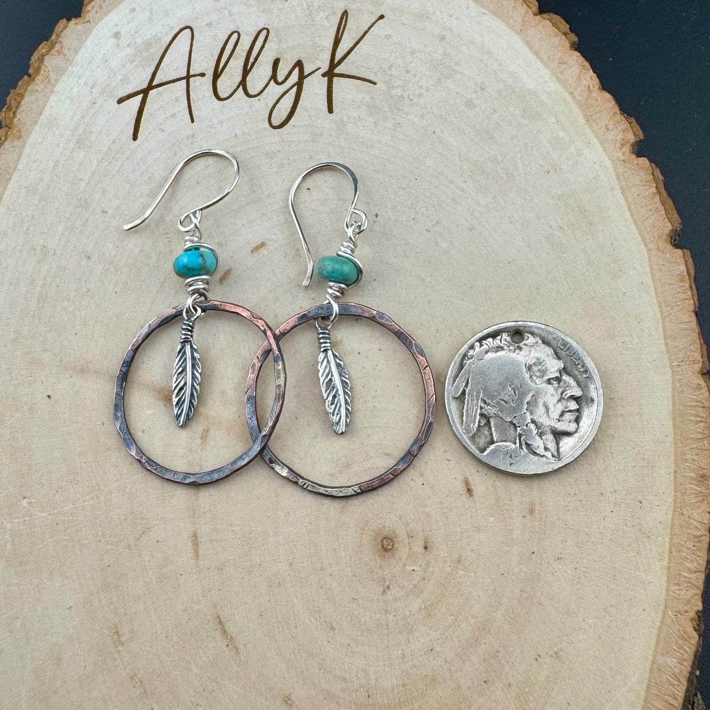 Kingman Turquoise Earrings with Feather Dangle - Copper and Sterling Silver Handcrafted Earrings