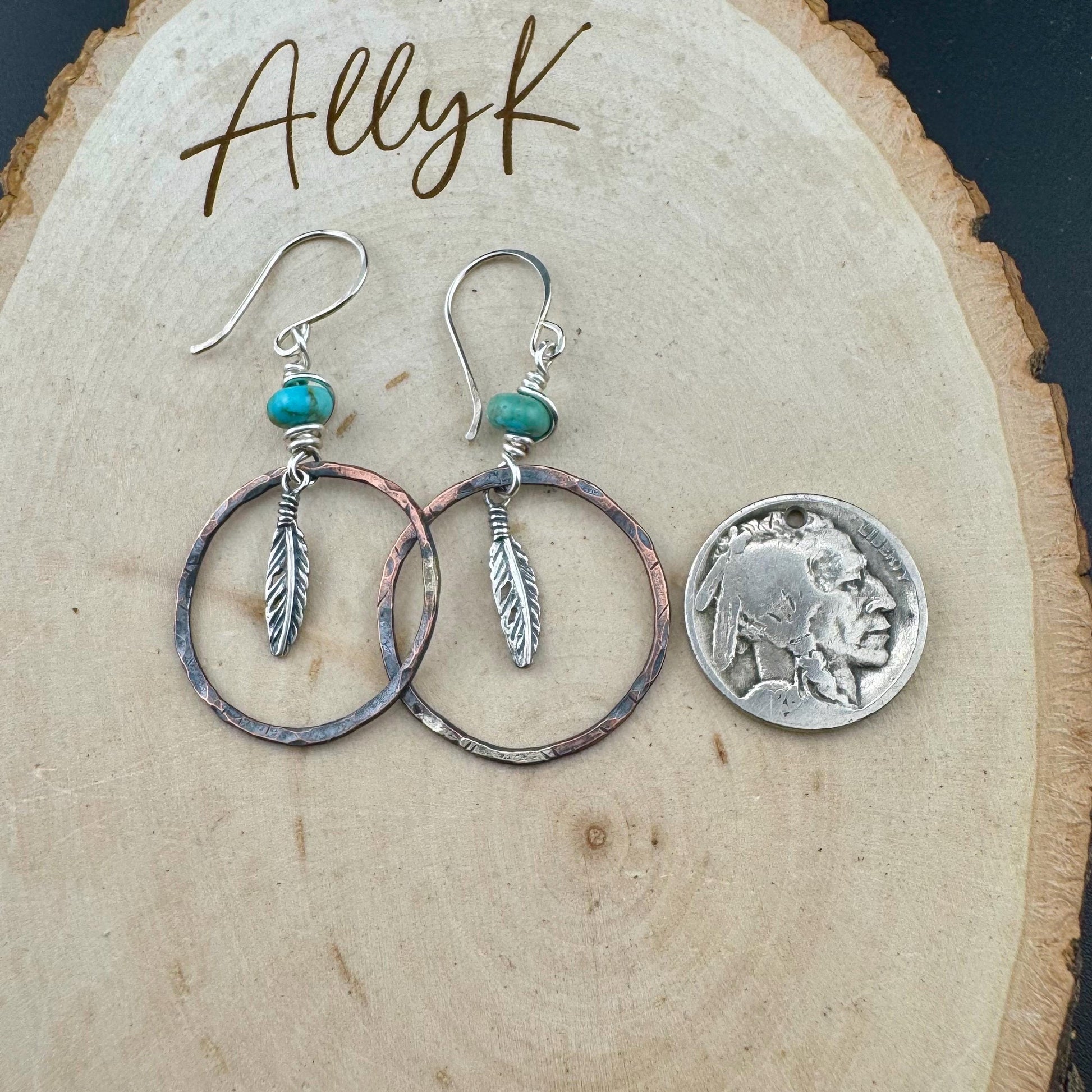 Kingman Turquoise Earrings with Feather Dangle - Copper and Sterling Silver Handcrafted Earrings