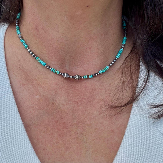 Kingman Turquoise Navajo Pearl Choker - Sterling Silver Gemstone Necklace