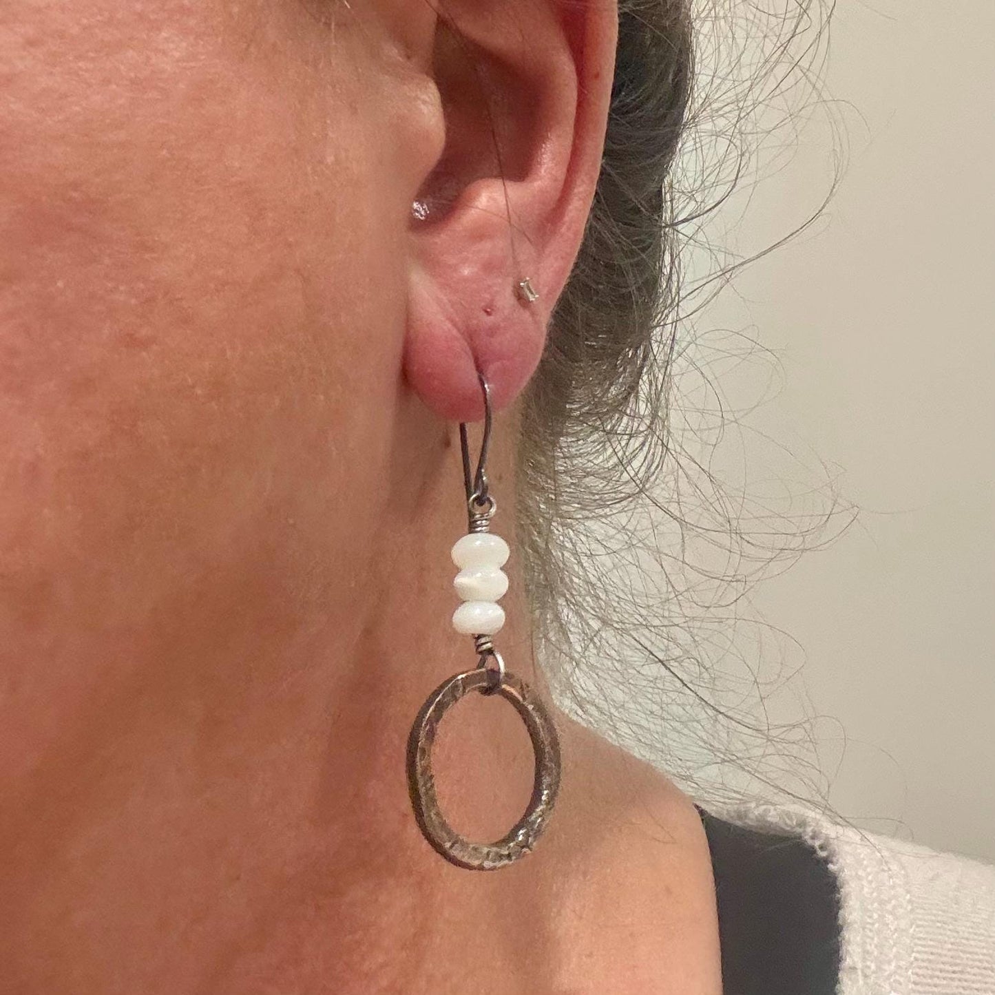 Artisan Copper & Sterling Silver Earrings with Mother of Pearl - Unique Mixed Metal Jewelry