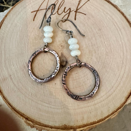 Artisan Copper & Sterling Silver Earrings with Mother of Pearl - Unique Mixed Metal Jewelry