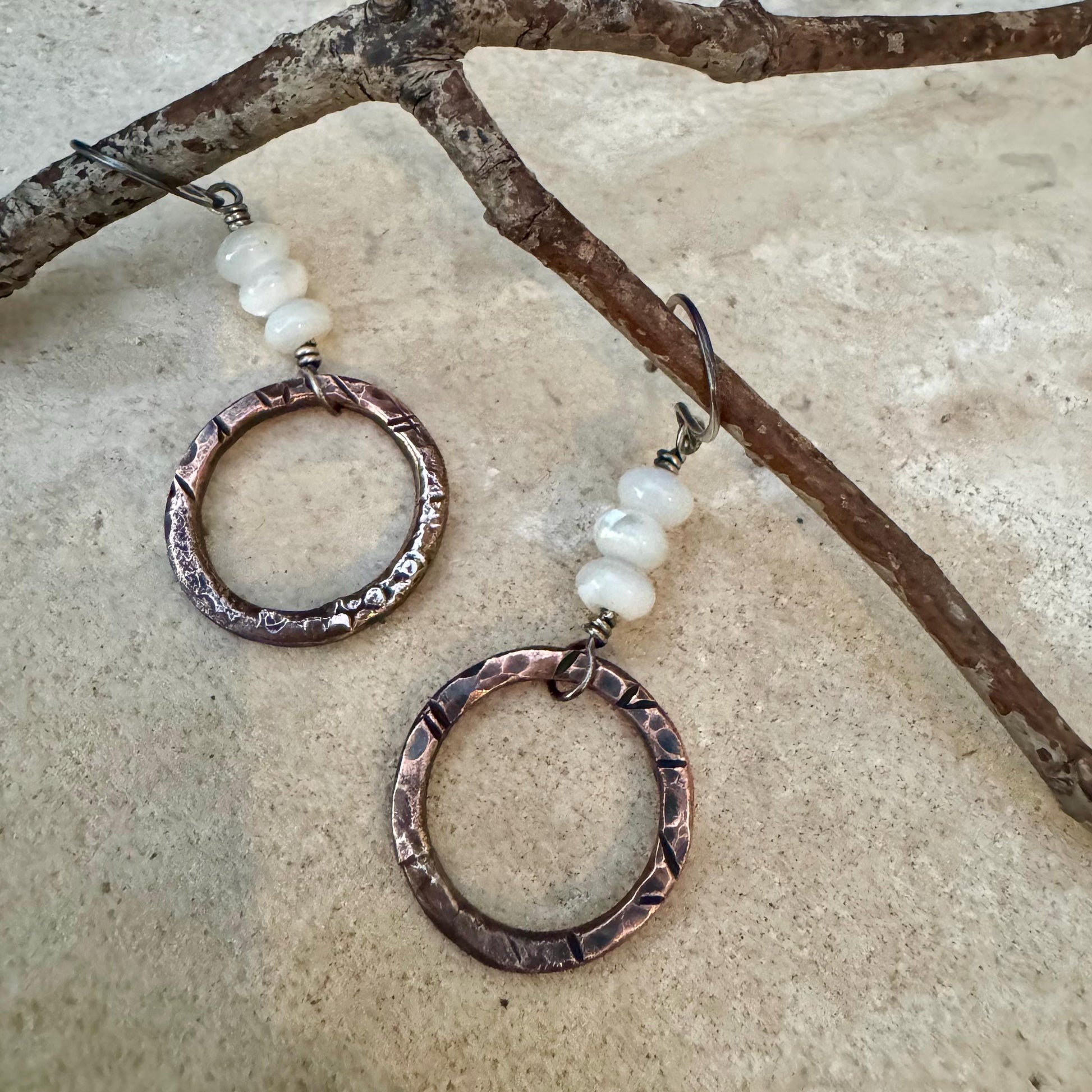 Artisan Copper & Sterling Silver Earrings with Mother of Pearl - Unique Mixed Metal Jewelry