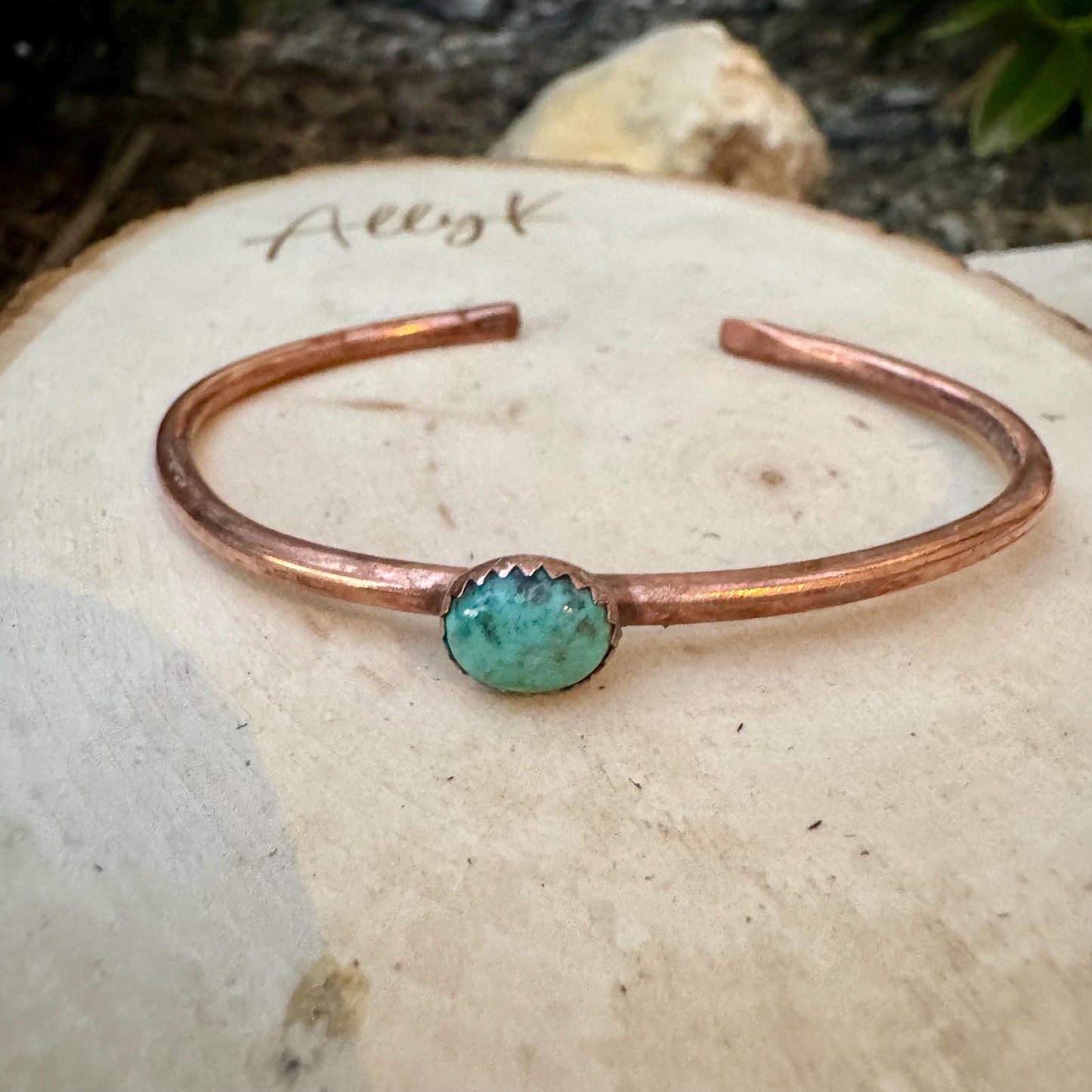 Kingman Turquoise Bezel Cuff Bracelet - Adjustable Antique Copper Design
