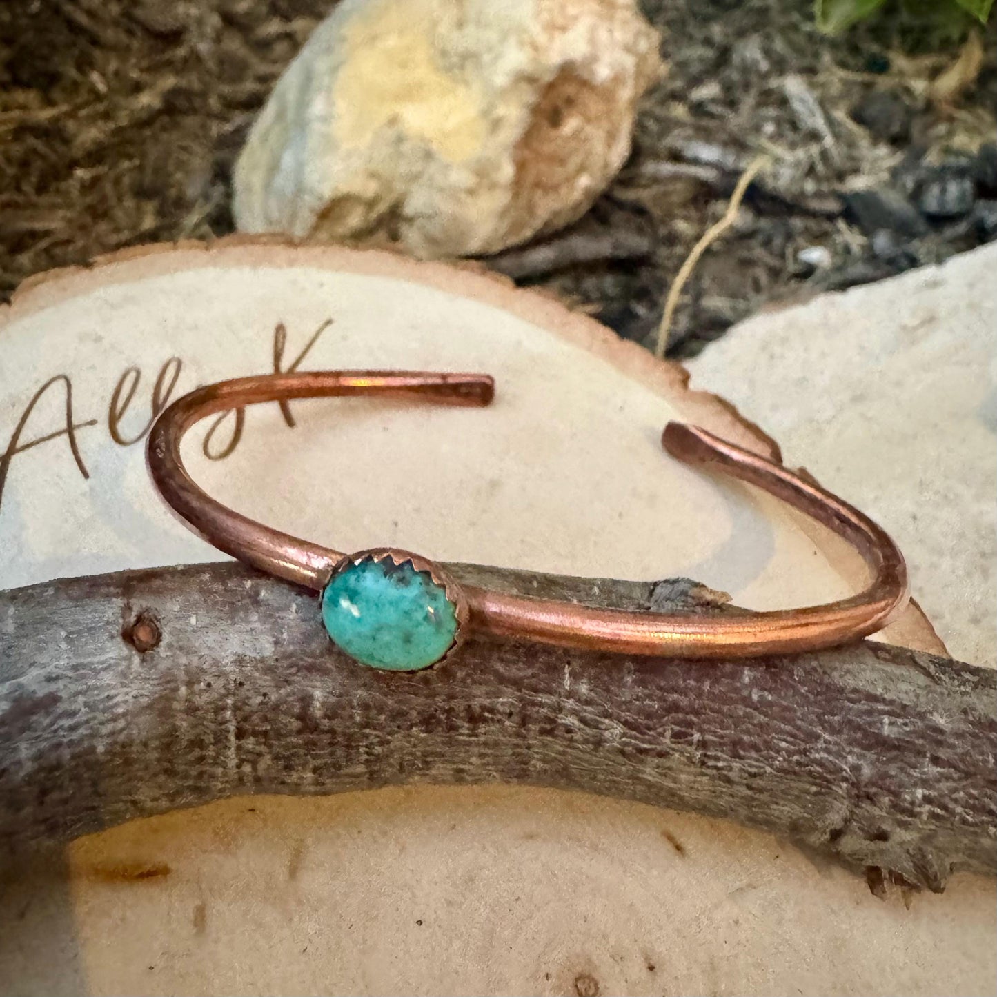 Kingman Turquoise Bezel Cuff Bracelet - Adjustable Antique Copper Design