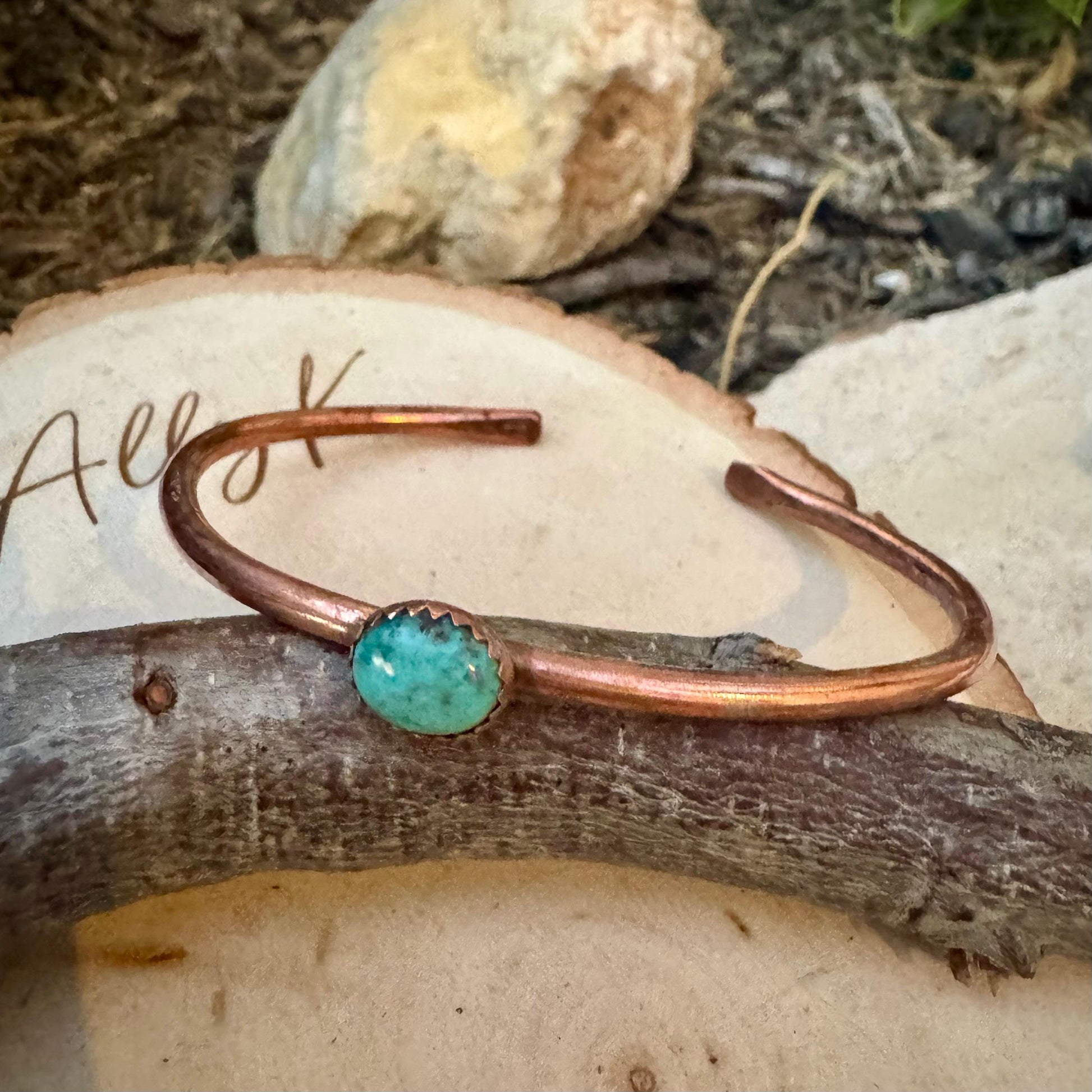 Kingman Turquoise Bezel Cuff Bracelet - Adjustable Antique Copper Design