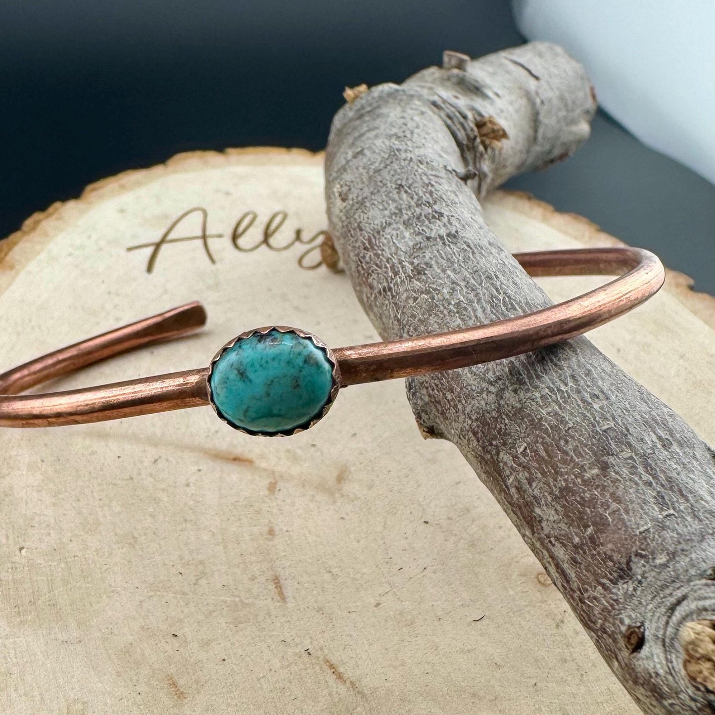 Kingman Turquoise Bezel Cuff Bracelet - Adjustable Antique Copper Design