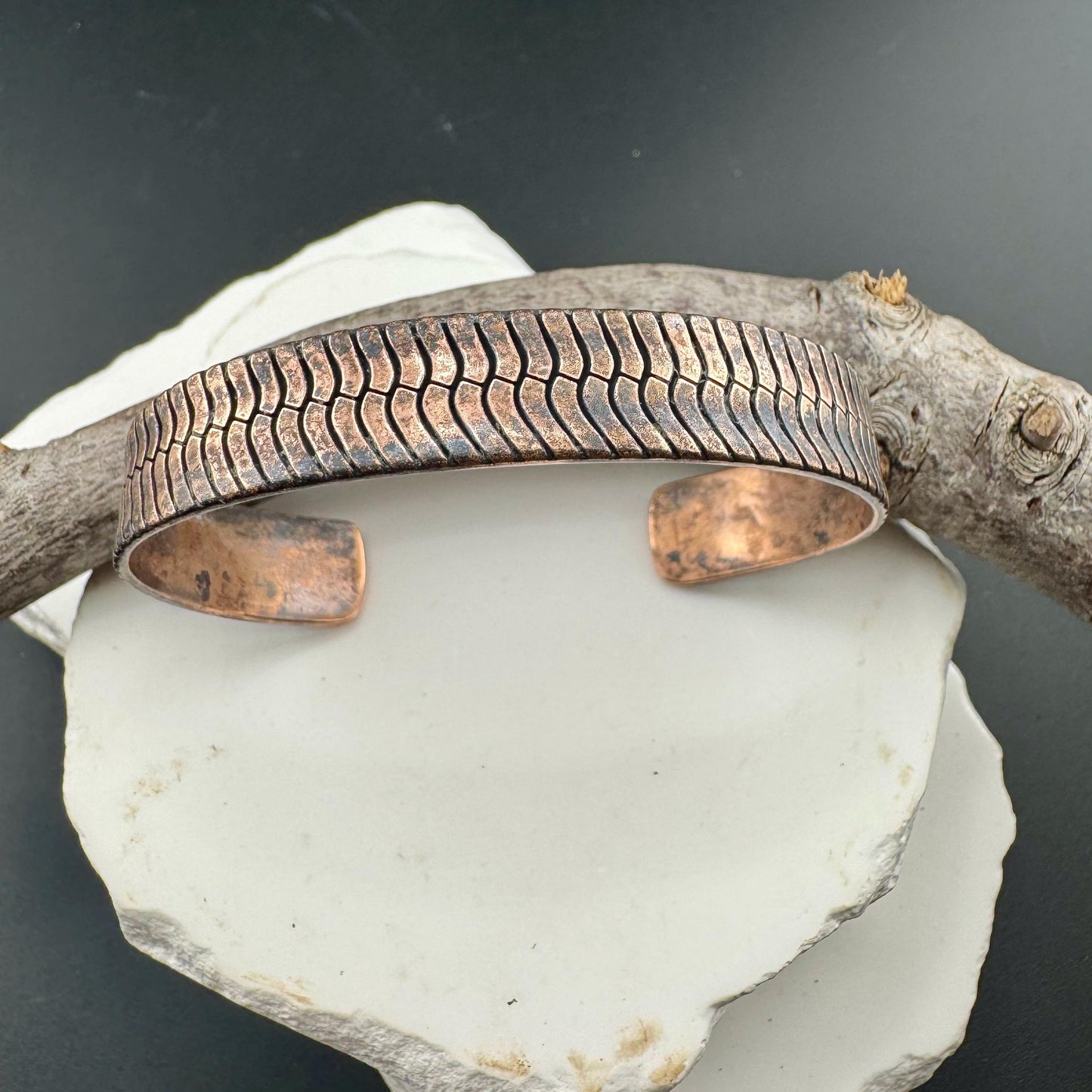 Rustic Herringbone Copper Cuff Bracelet – Antique Oxidized Finish