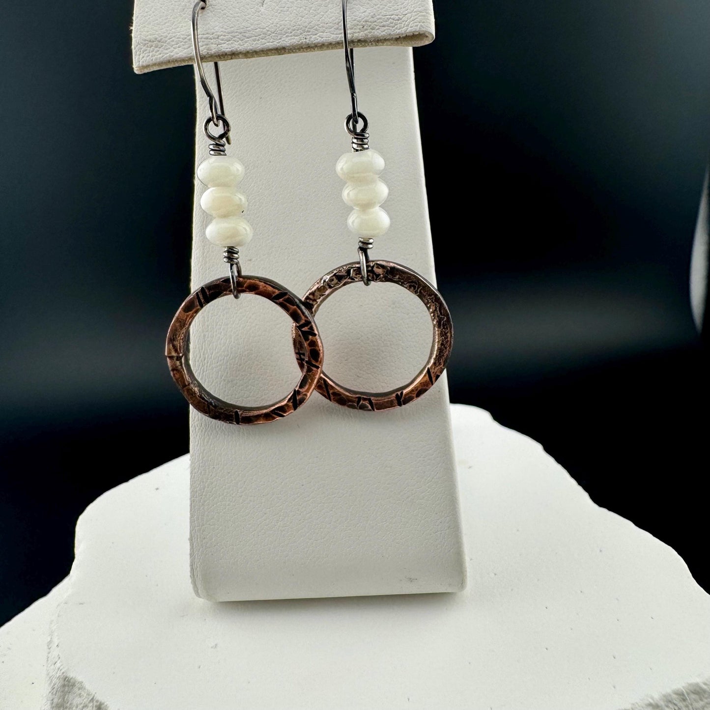 Artisan Copper & Sterling Silver Earrings with Mother of Pearl - Unique Mixed Metal Jewelry