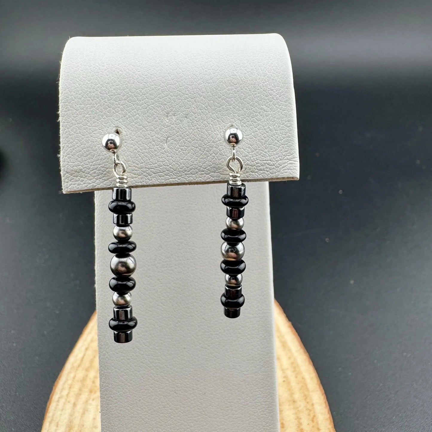 Elegant Drop Earrings featuring Hematite Onyx and Navajo Pearls