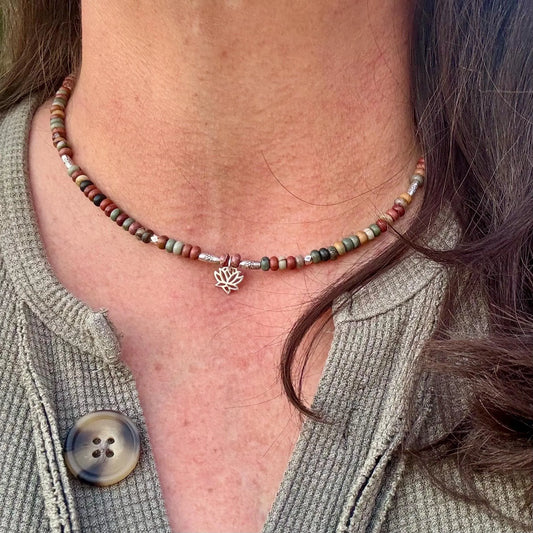 Picasso Jasper Necklace – Lotus Pendant, Sterling Silver Spacers, Custom Length, Artistic Earthy Elegance